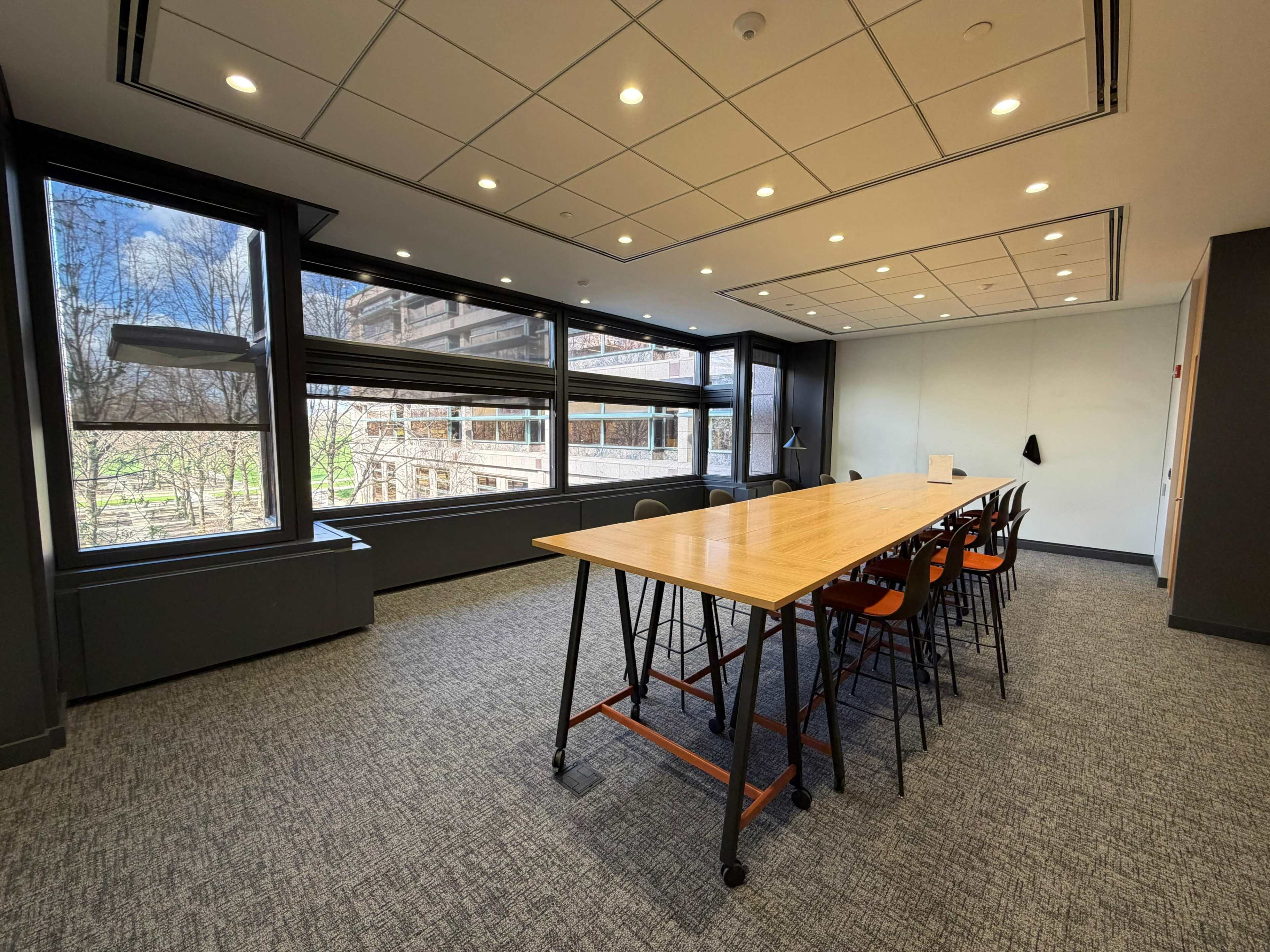The image shows a modern conference room with a long wooden table and several chairs, featuring large windows that provide a view of greenery outside.