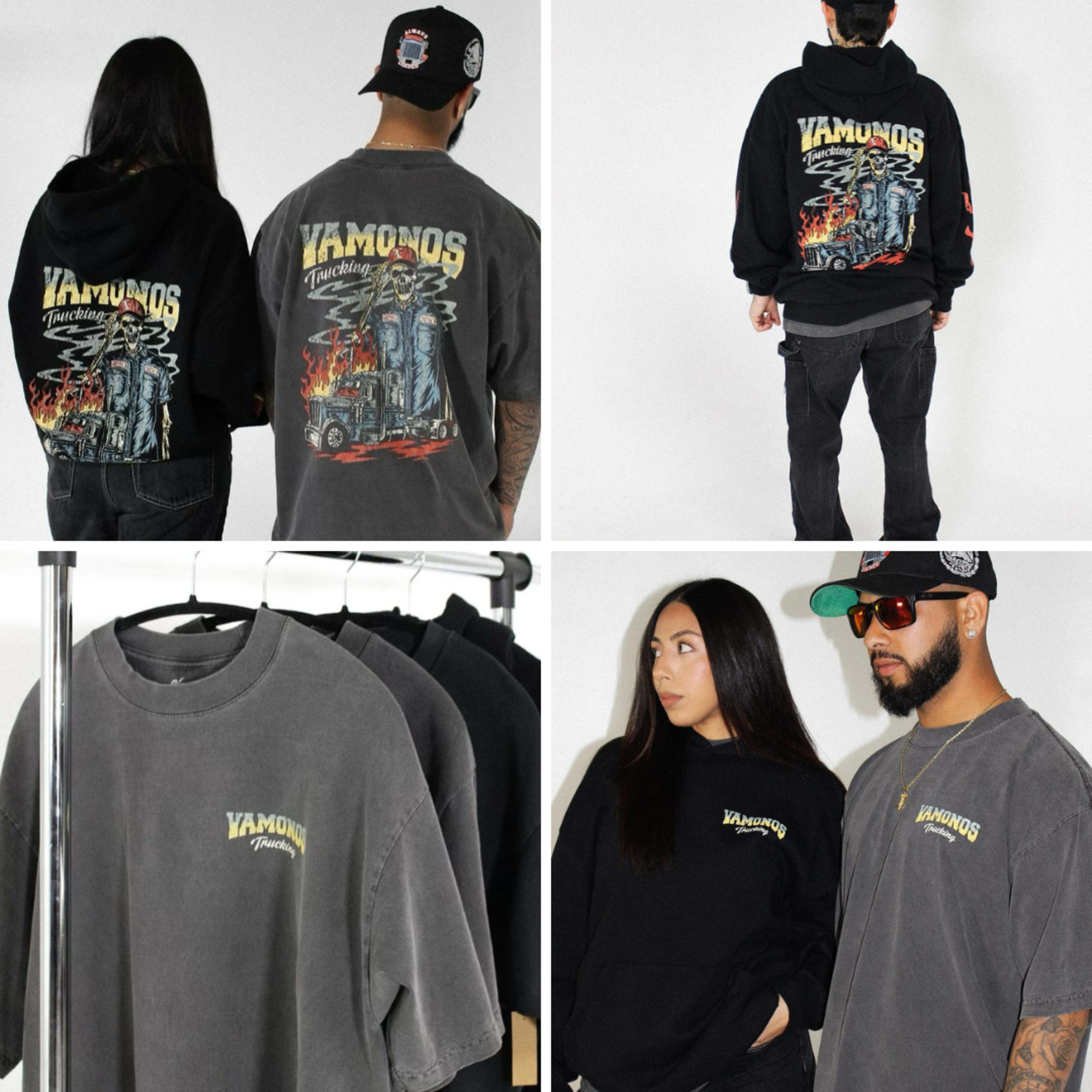 Two individuals wearing graphic apparel, showcasing a t-shirt and a hoodie with the word "Yamonos" prominently displayed, against a neutral background.
