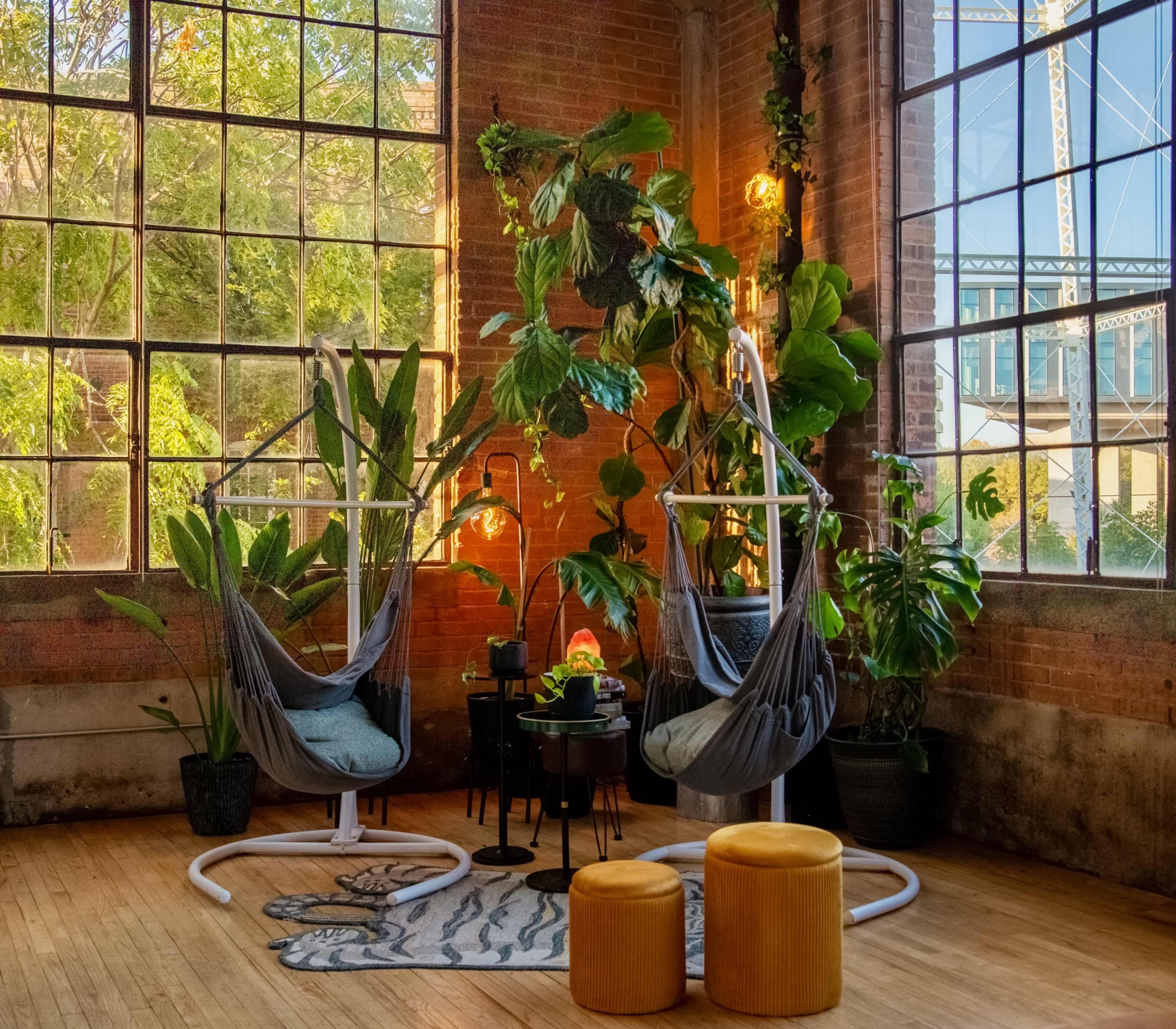 The image shows a sunlit interior with two hanging chairs surrounded by large green plants and a small table with a decorative lamp.