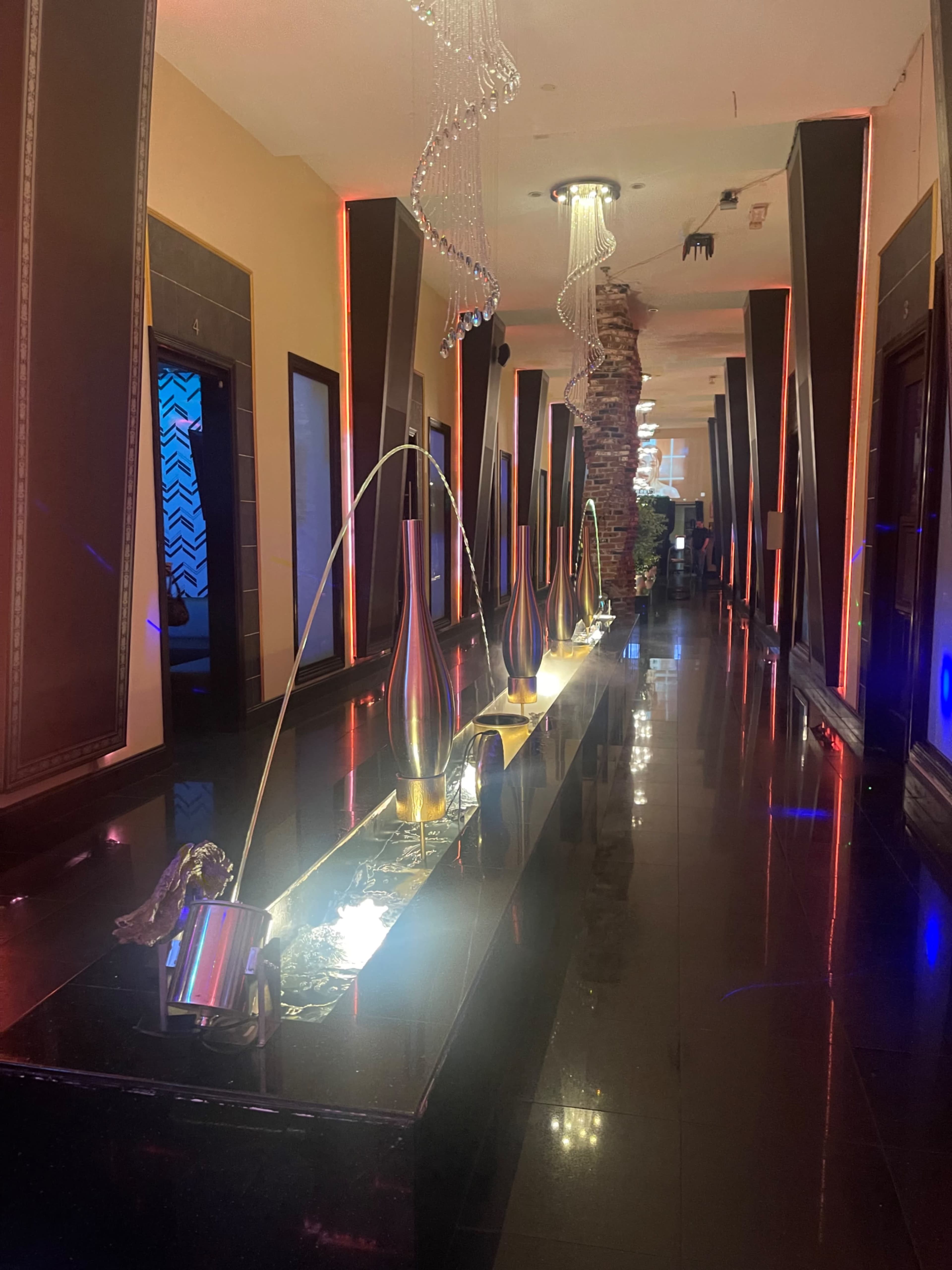 The image shows a hallway with modern lighting, featuring decorative vases and a water fountain along a black marble surface.