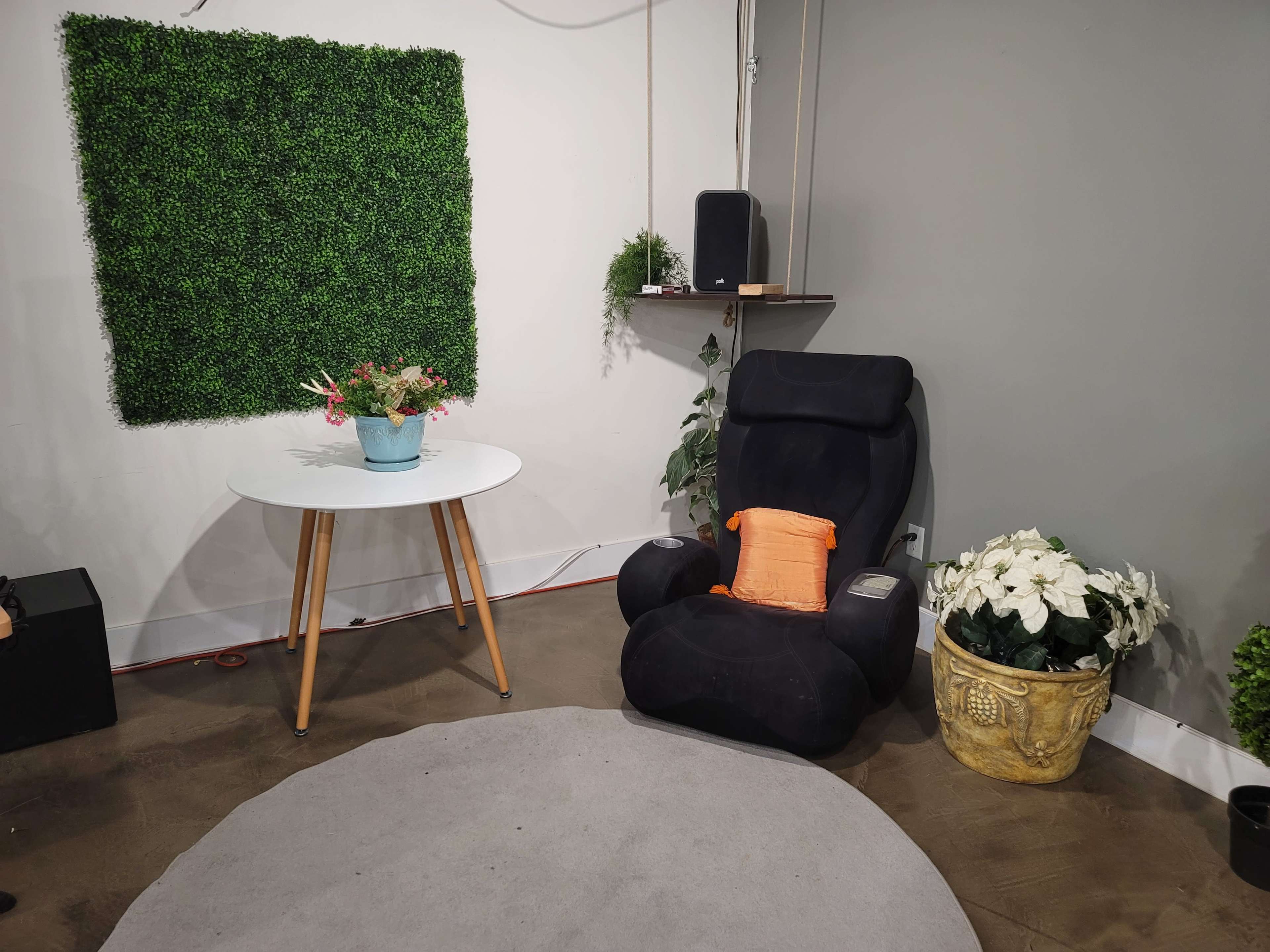 The scene features a cozy corner with a black chair, a circular gray rug, a round white table with wooden legs, a potted plant on the table, and a green wall of artificial foliage.