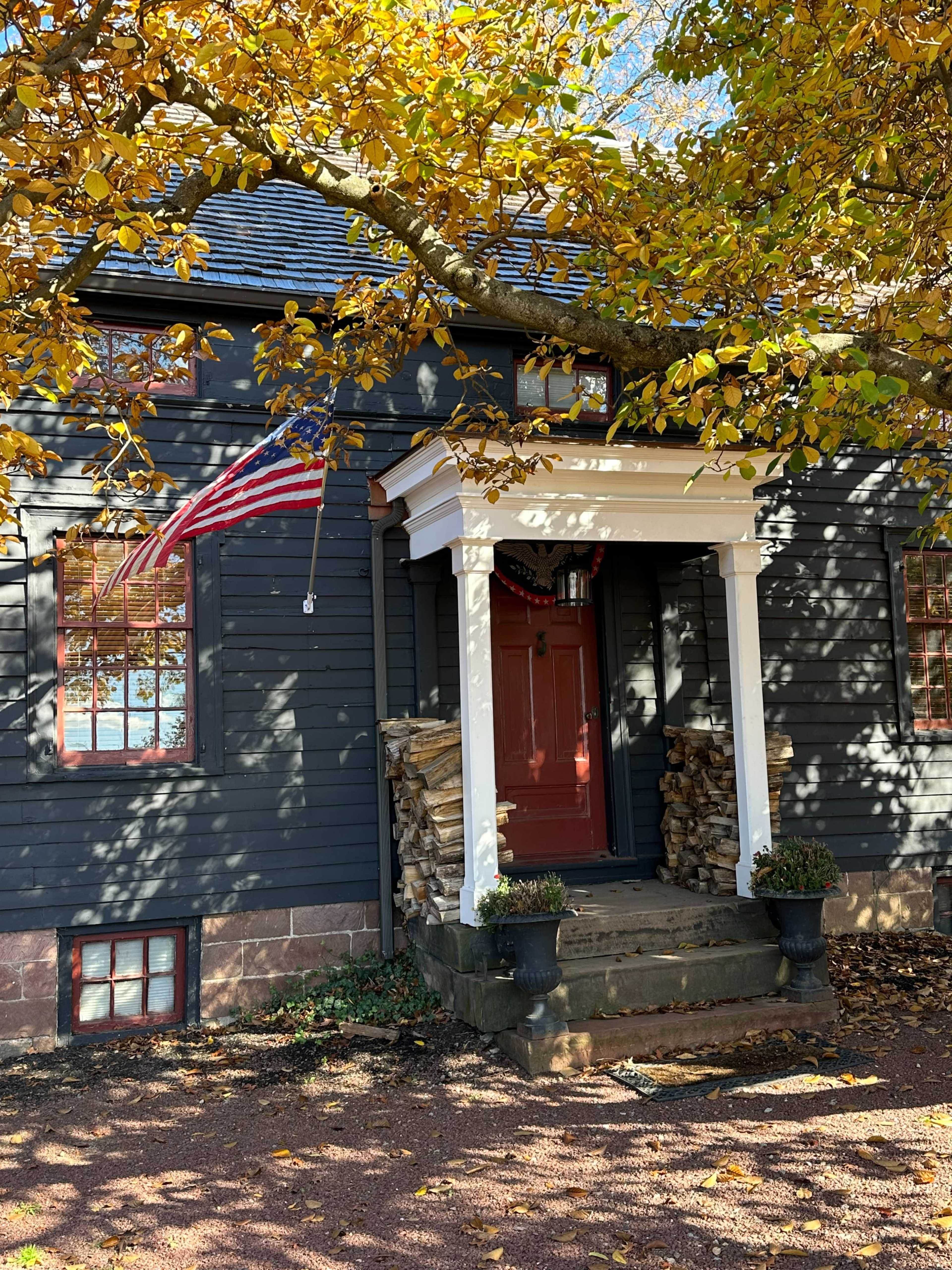 A black wooden house with a red door and an American flag hanging from a tree nearby is surrounded by autumn leaves.