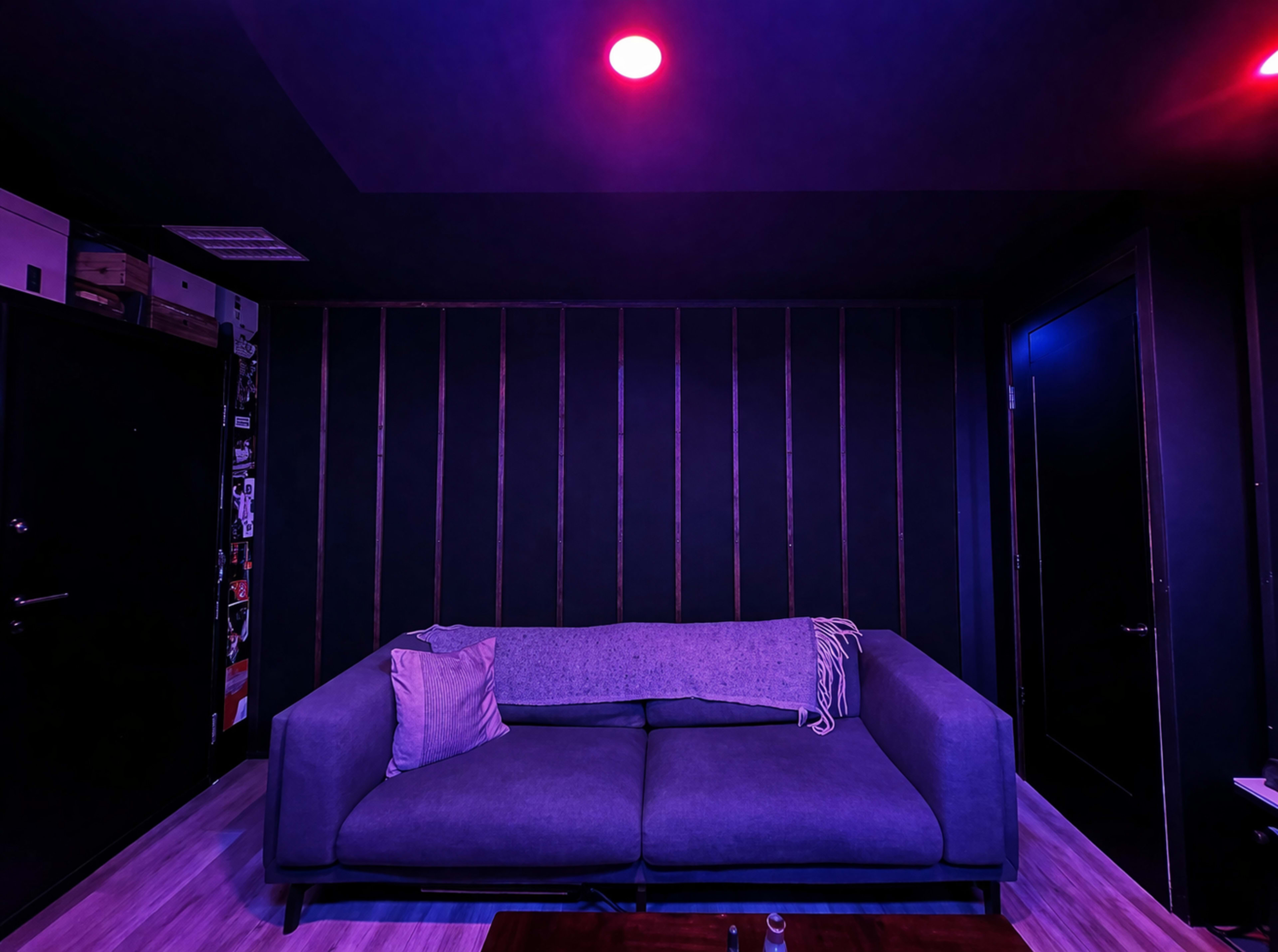 A gray sofa is positioned against a dark wall with vertical wooden slats, illuminated by purple and red lights.