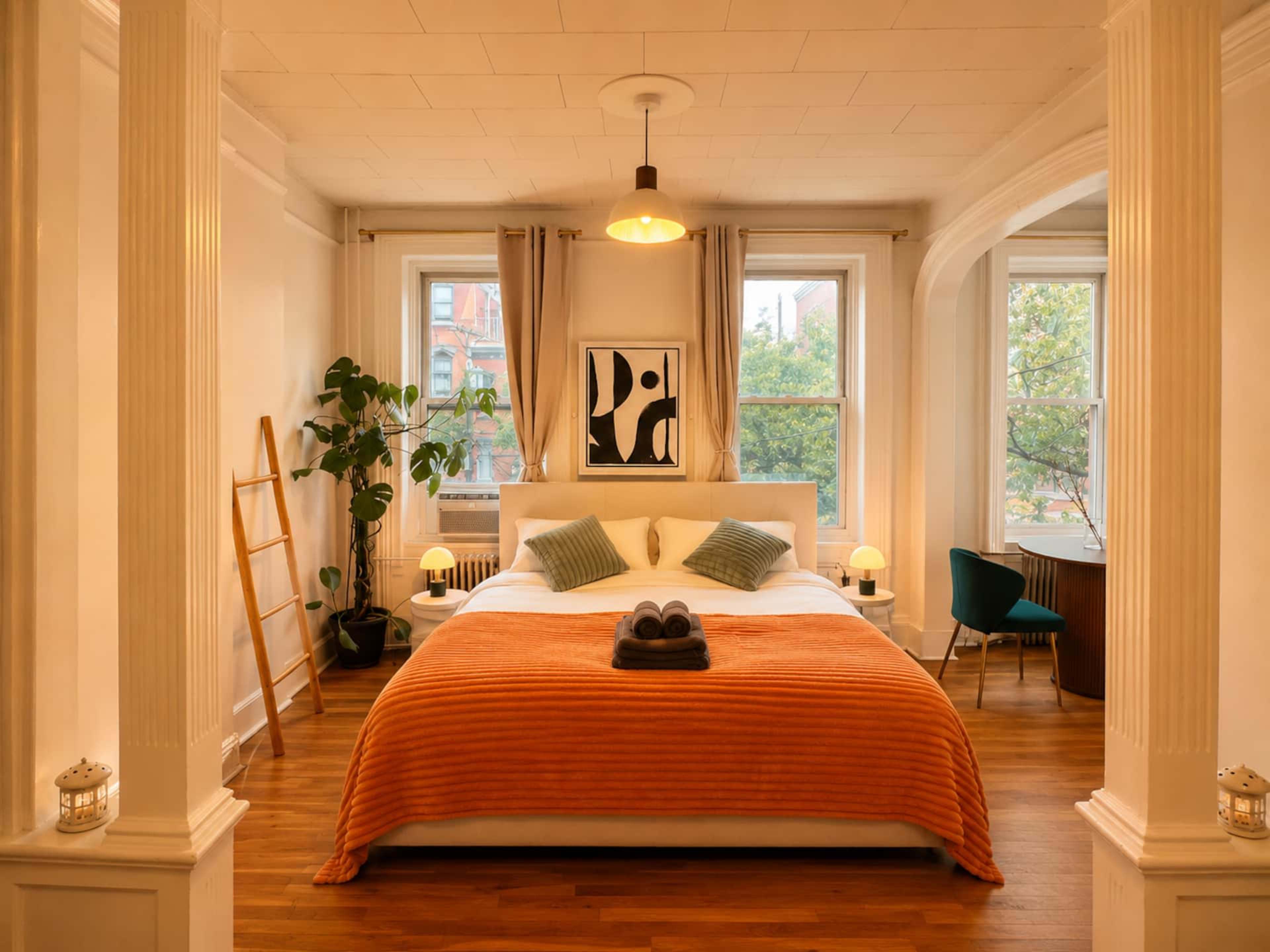 A well-lit bedroom features a large bed with an orange throw, two pillows, and a plant, flanked by windows and a stylish chair in the corner.