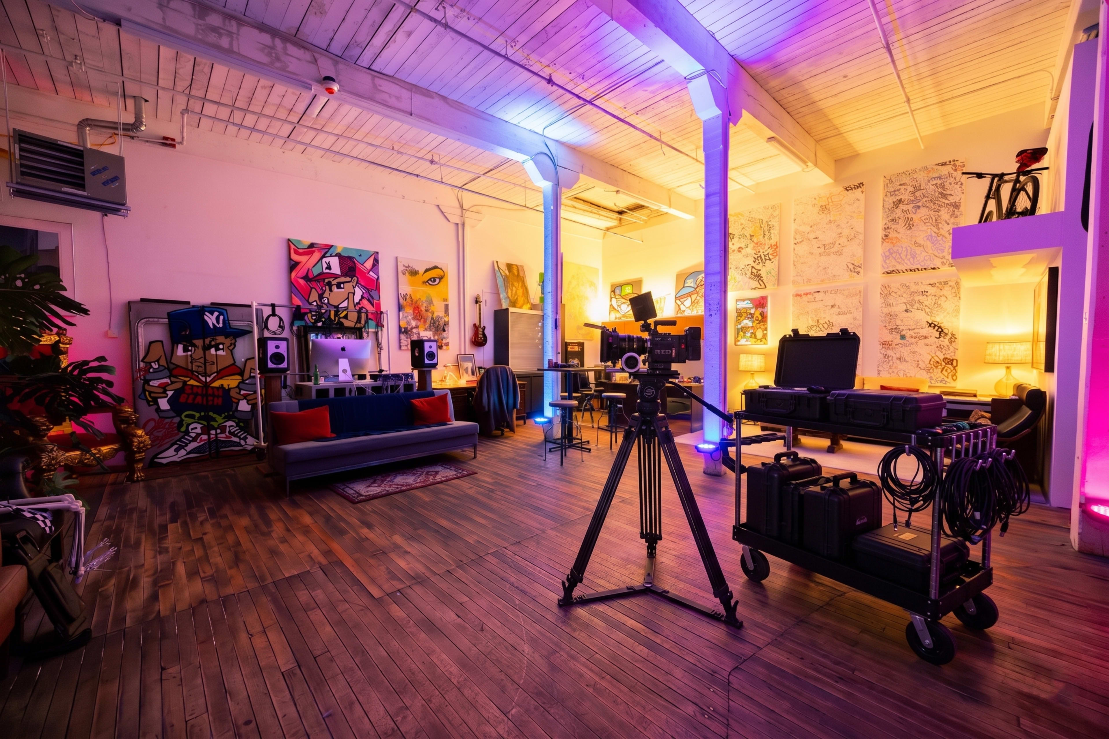 The image depicts a spacious, modern studio with colorful artwork on the walls, various recording equipment, and a camera set up in the foreground.