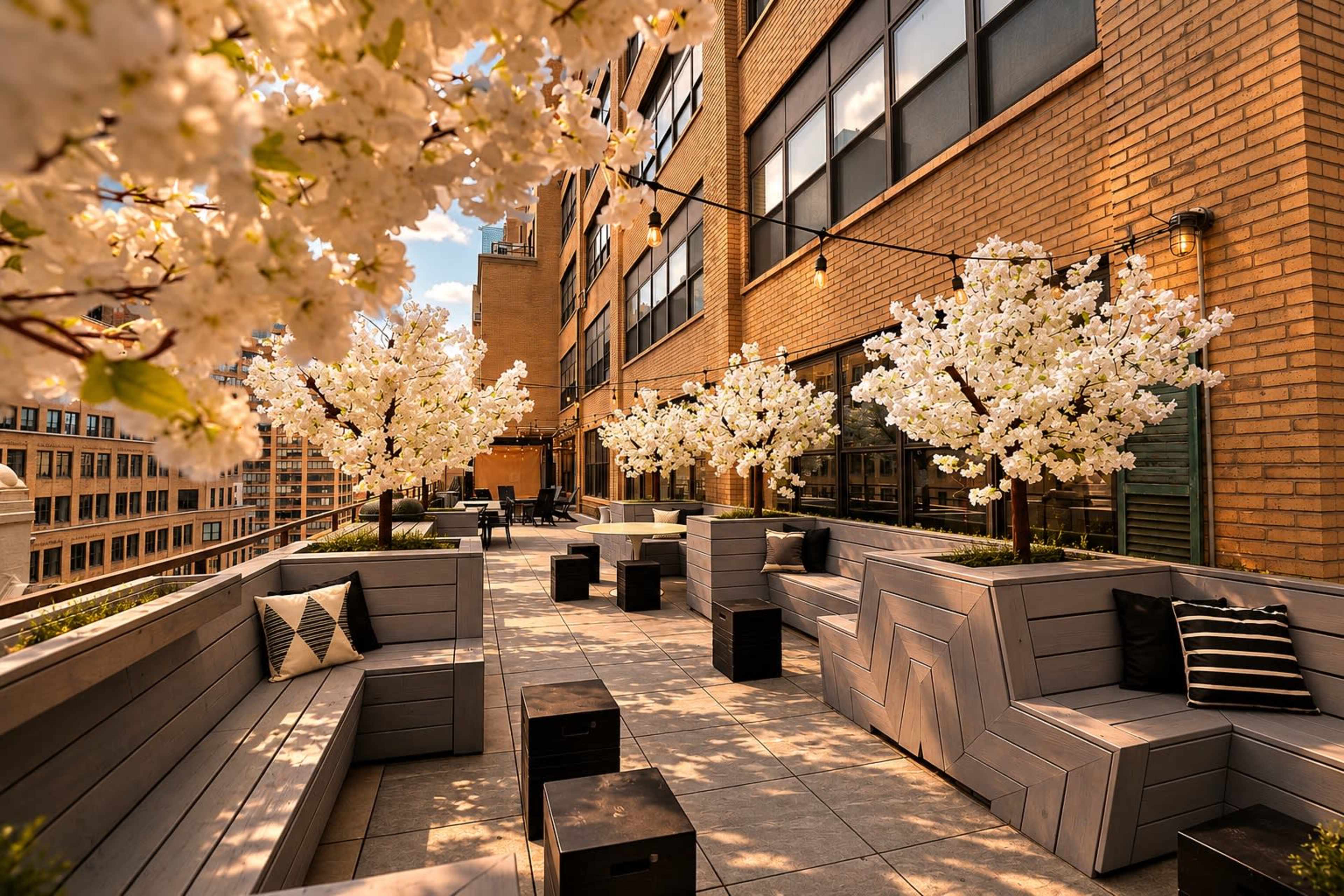 The image shows a rooftop terrace adorned with flowering trees, modern seating arrangements, and string lights, set against a backdrop of brick building walls.