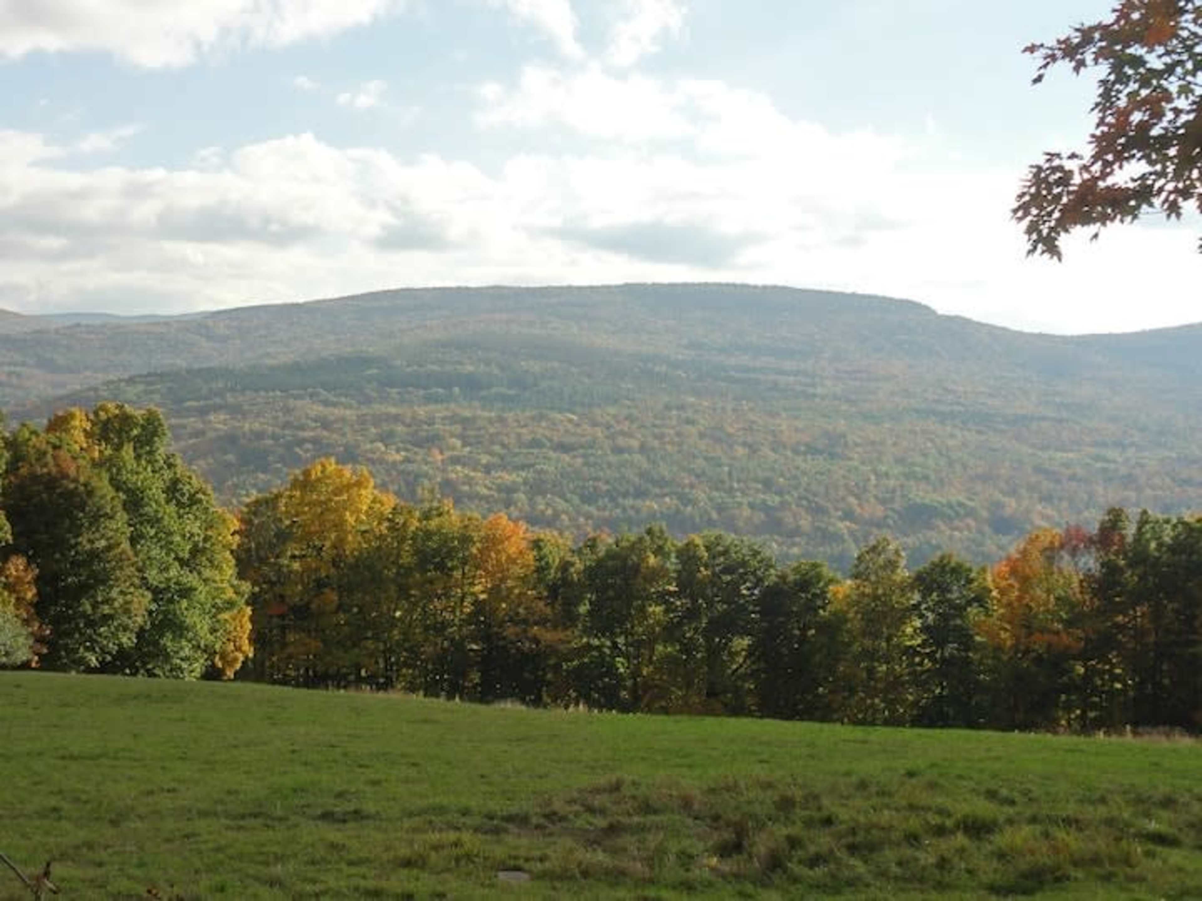 The image shows a landscape view of rolling hills covered in autumn foliage under a partly cloudy sky.