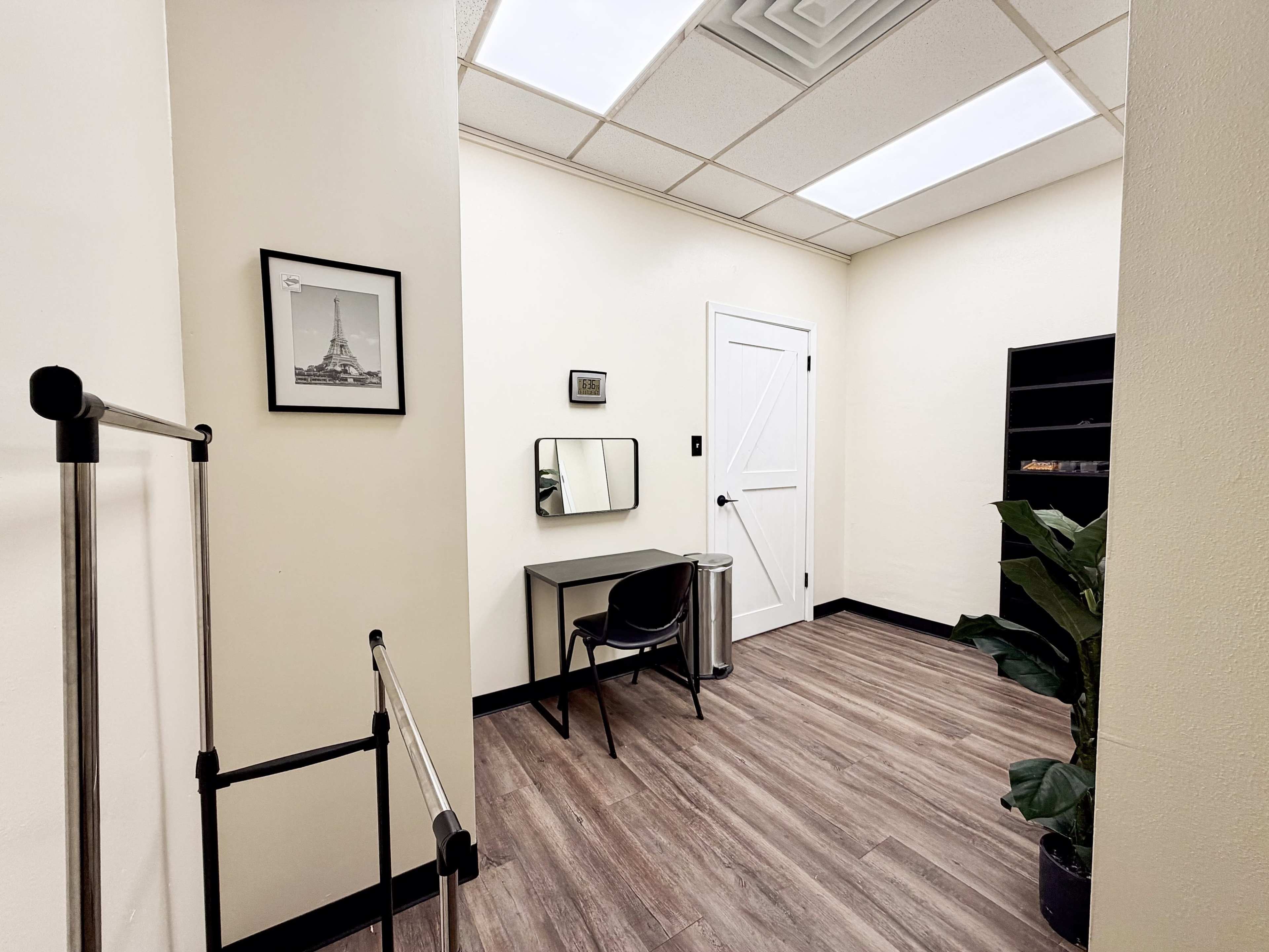 The image shows a small, well-lit room with a mirror, a chair, a plant in the corner, and a wall-mounted shelf.