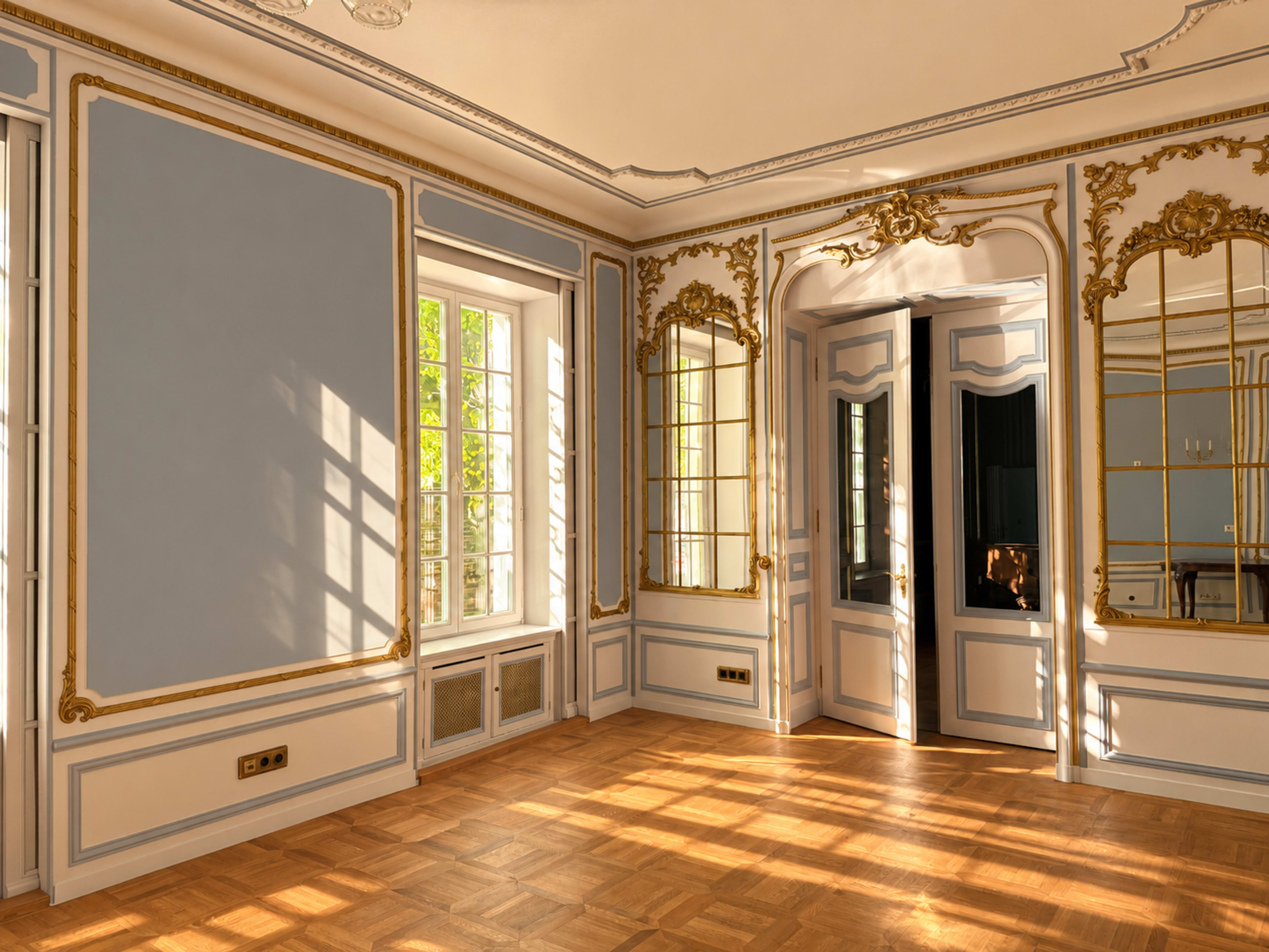 The room features ornate gold-trimmed walls, large windows allowing natural light, and a wooden floor.