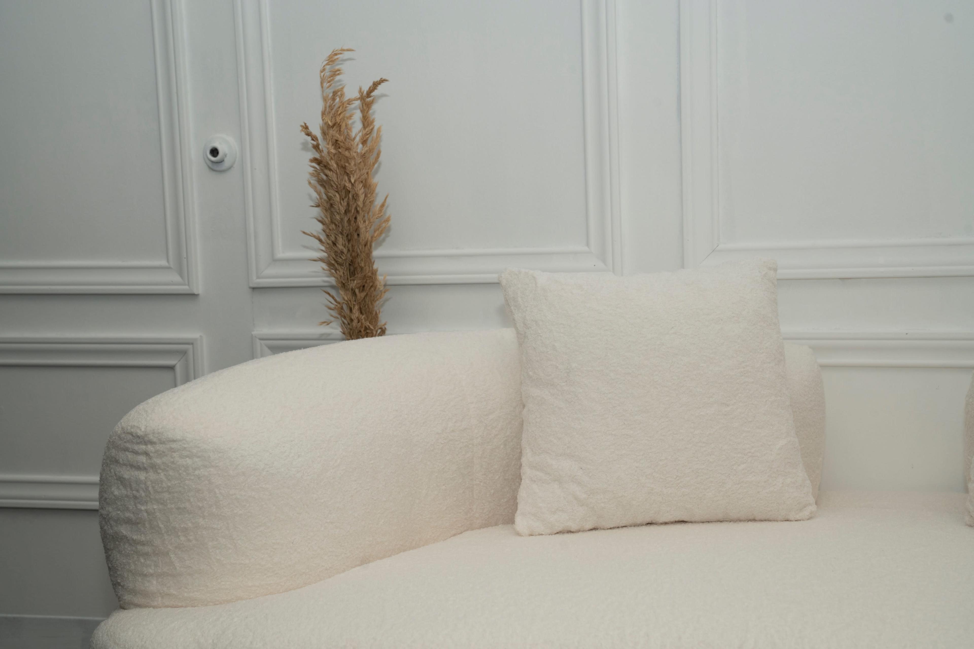 A light-colored, curved sofa with a textured cushion is positioned next to a decorative dried plant against a paneled wall.