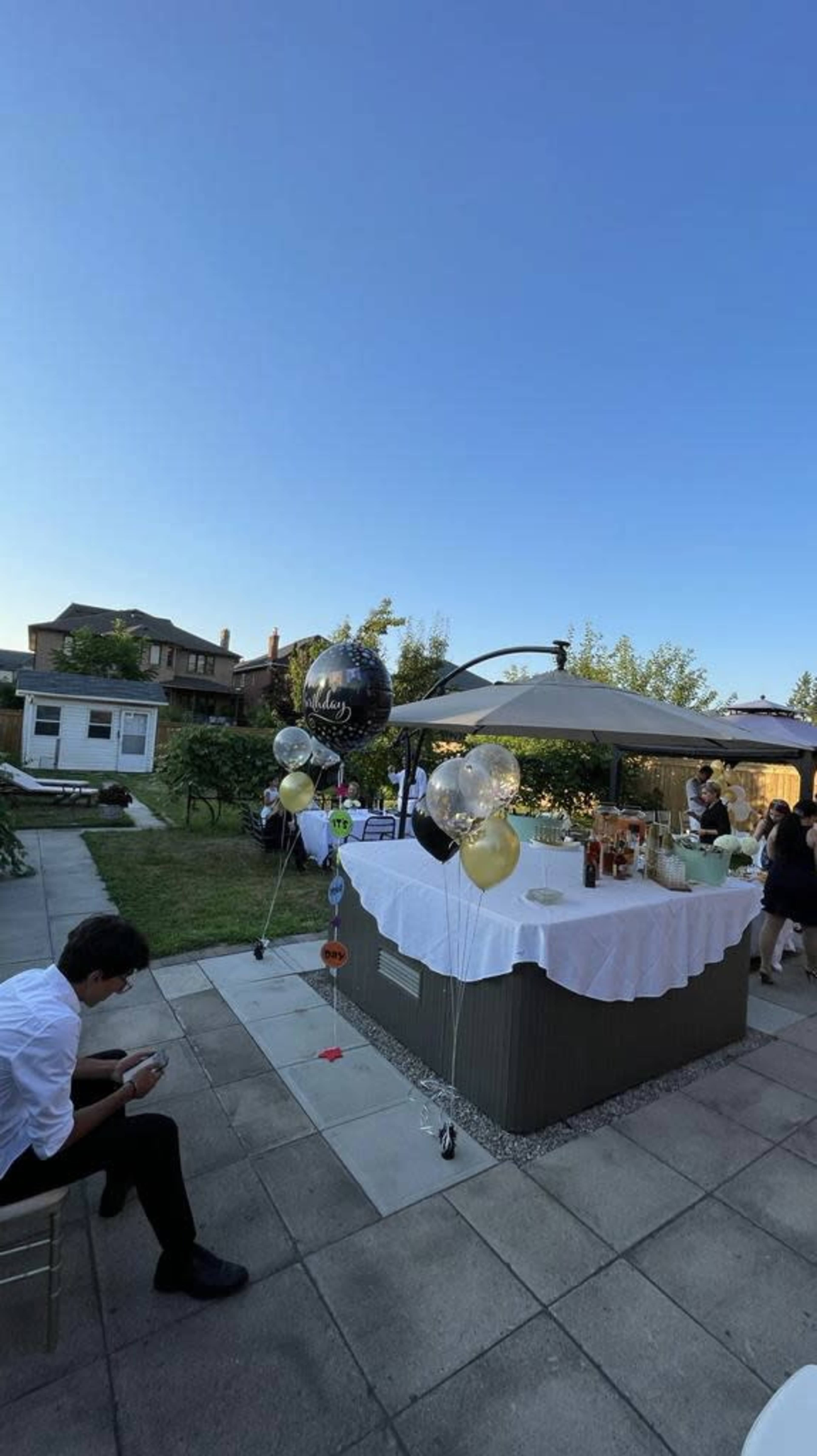 A garden setting features a table set with drinks and decorations, with guests socializing nearby under a clear blue sky.