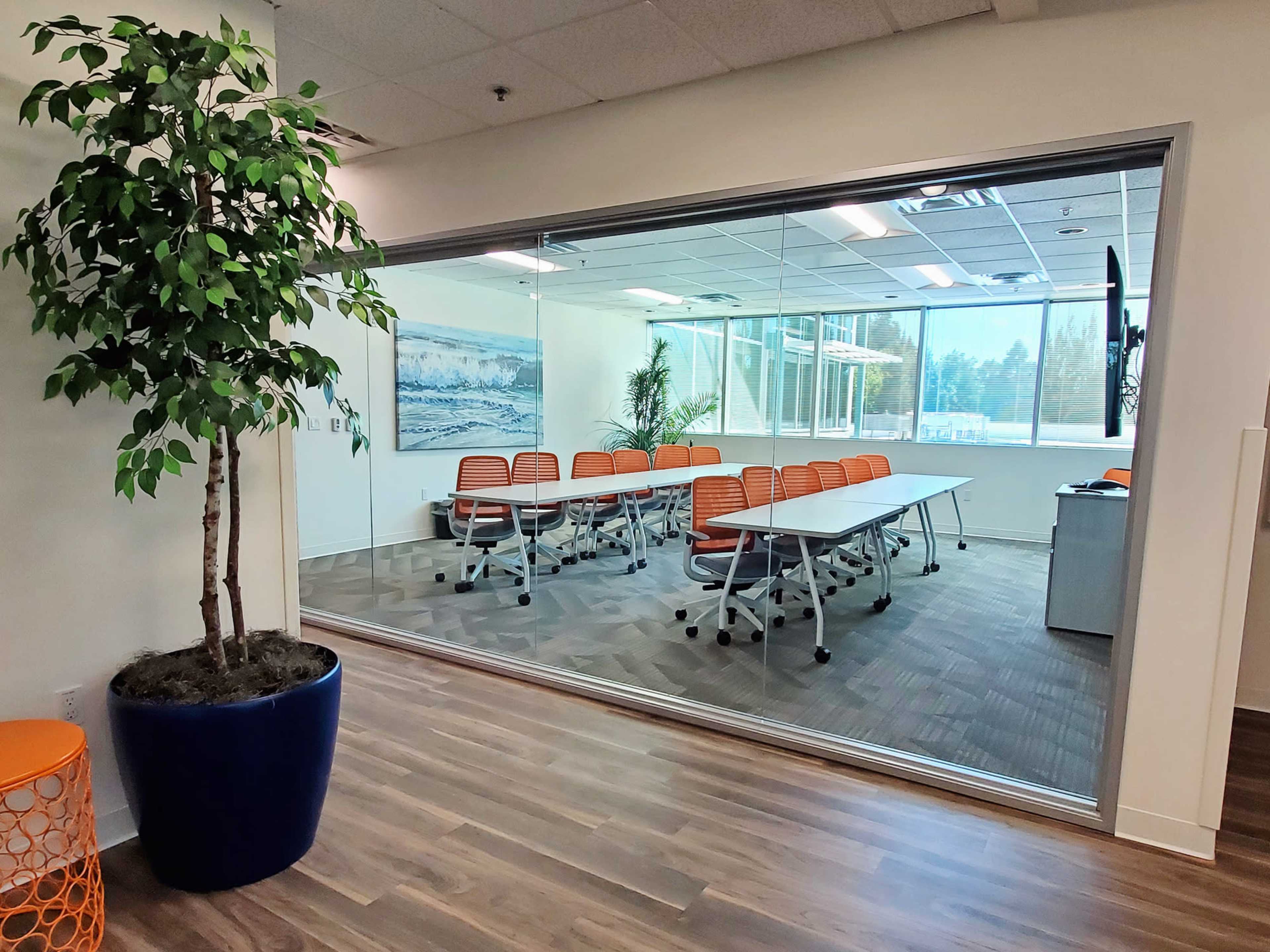 A modern conference room with a long table surrounded by orange chairs, visible through a glass wall, and a potted plant in the foreground.