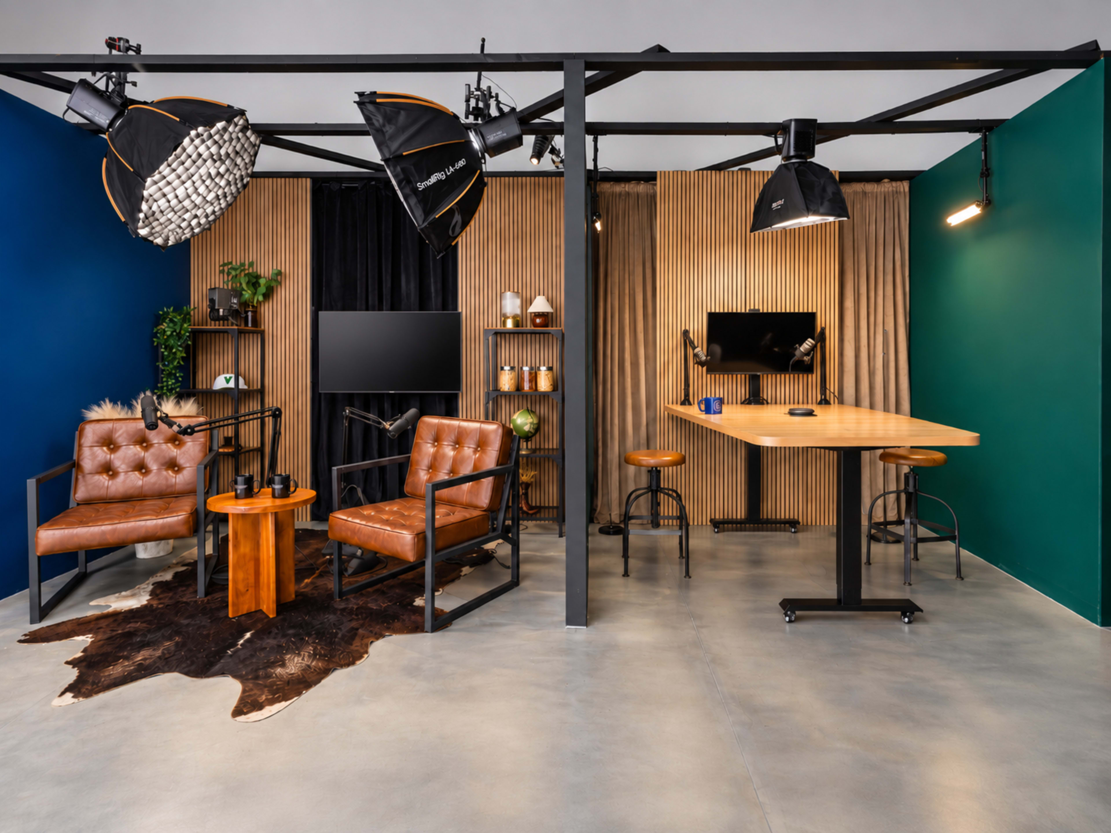 The image shows a modern studio setup featuring two brown leather chairs, a wooden table, a black backdrop, and various decorative elements on shelves.
