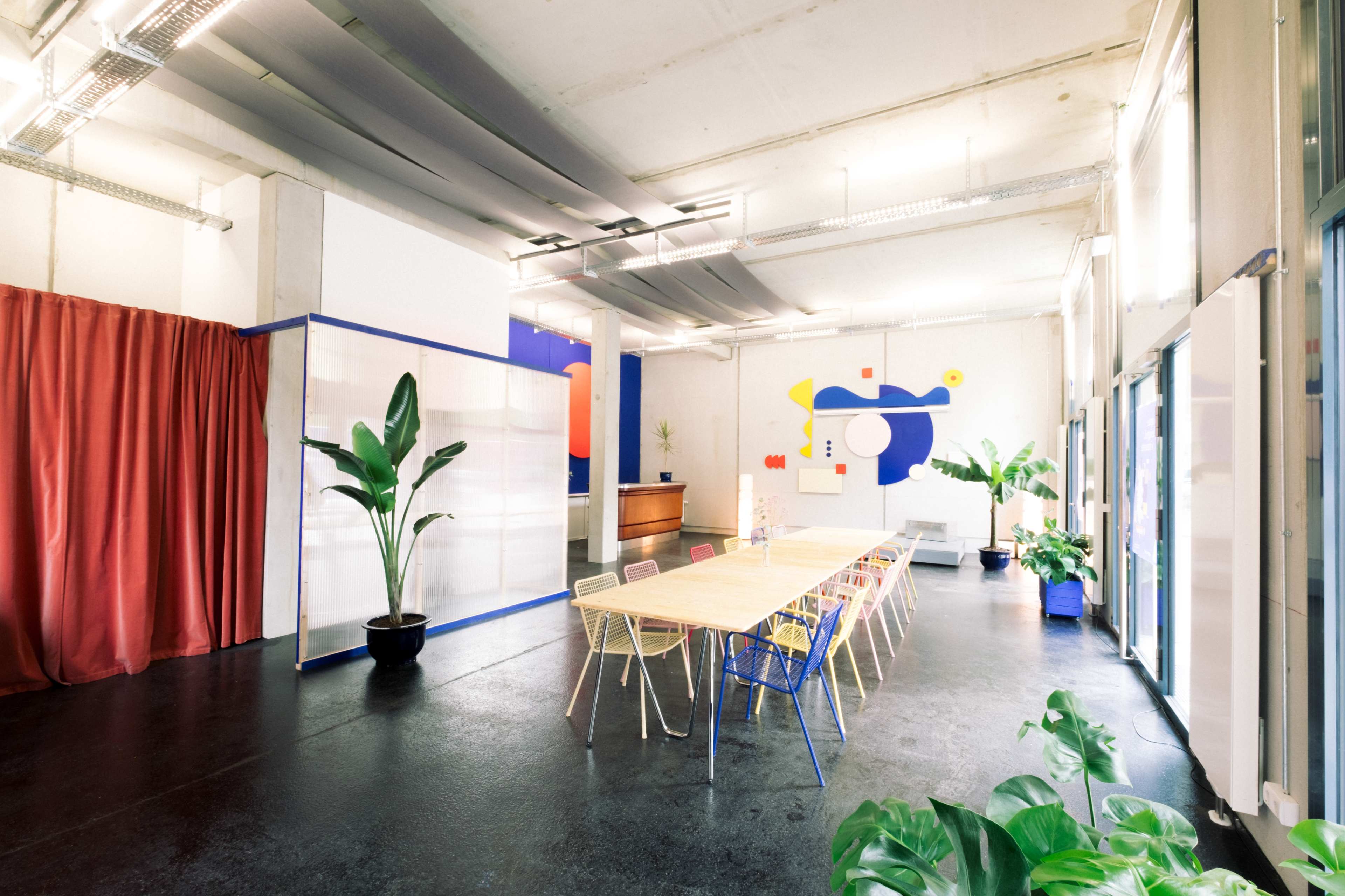 A modern office space featuring a long table surrounded by chairs, with plants and colorful wall art in a well-lit environment.