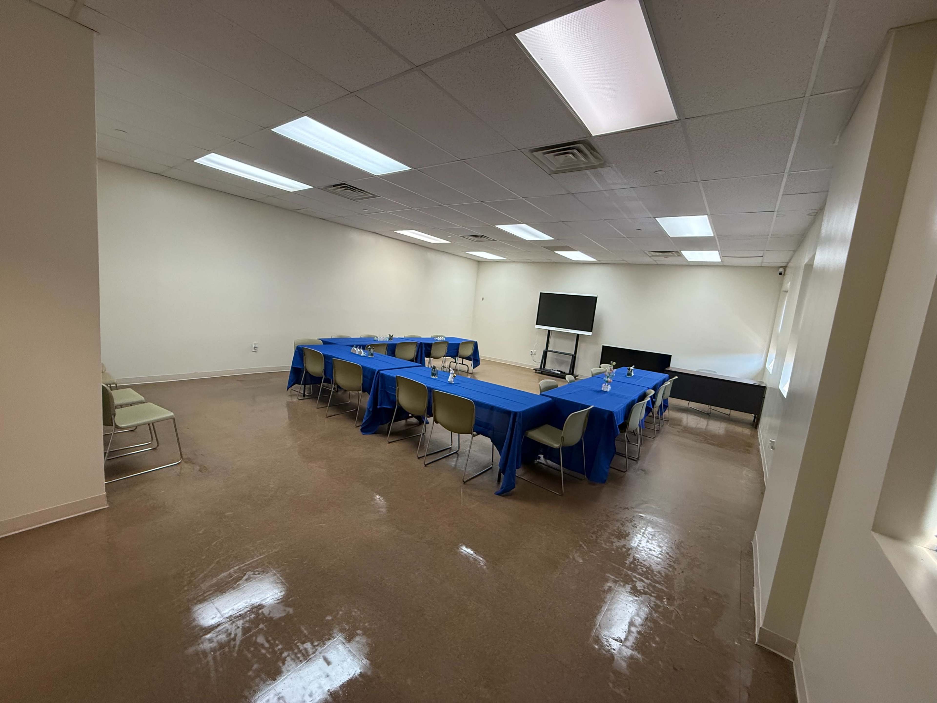 A large conference room is set up with a rectangular table covered in blue cloth, surrounded by chairs, with a screen and additional seating at one end.