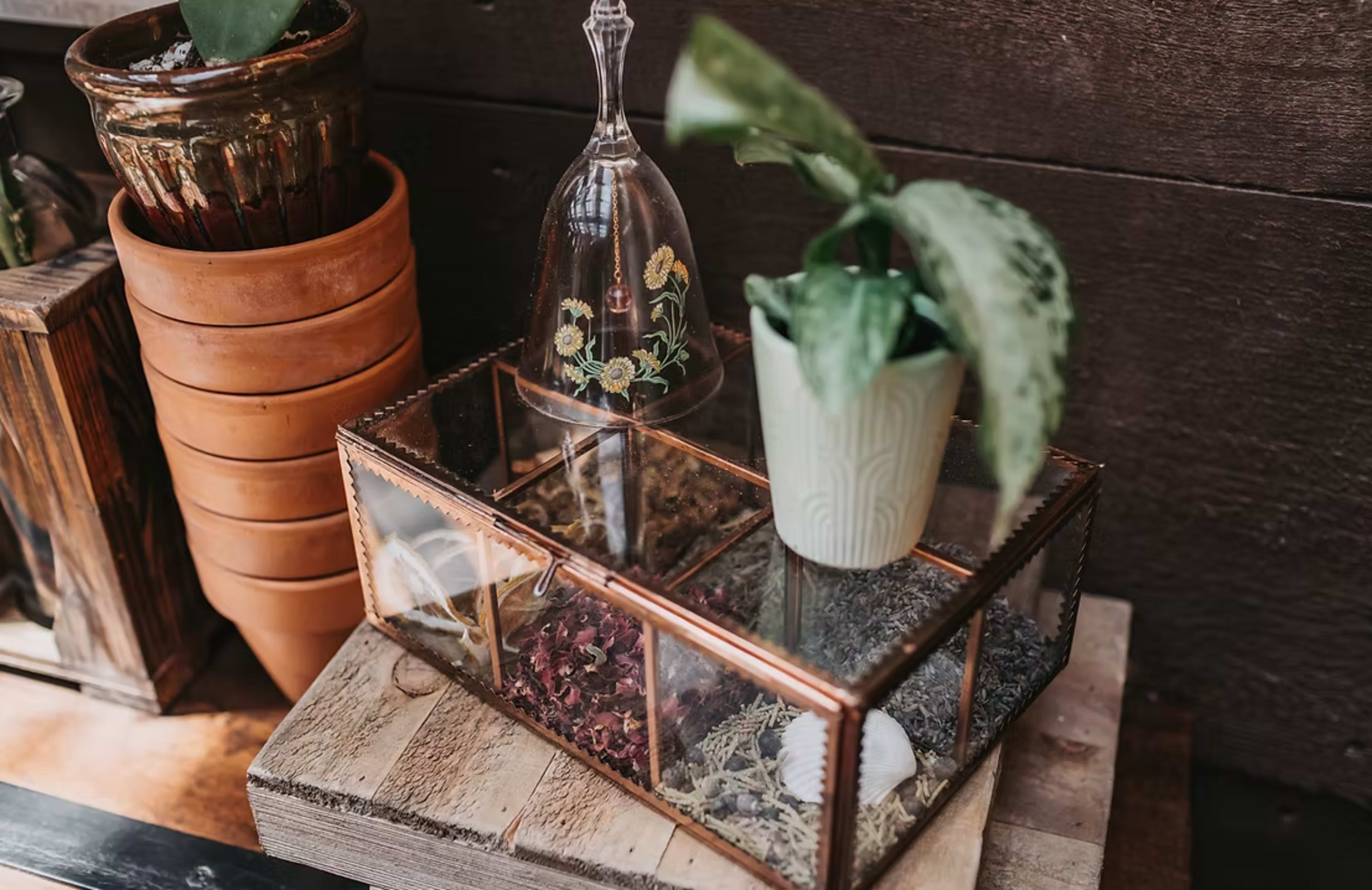 A glass terrarium with various plants and decorative elements sits on a wooden surface beside a stacked set of terracotta pots.
