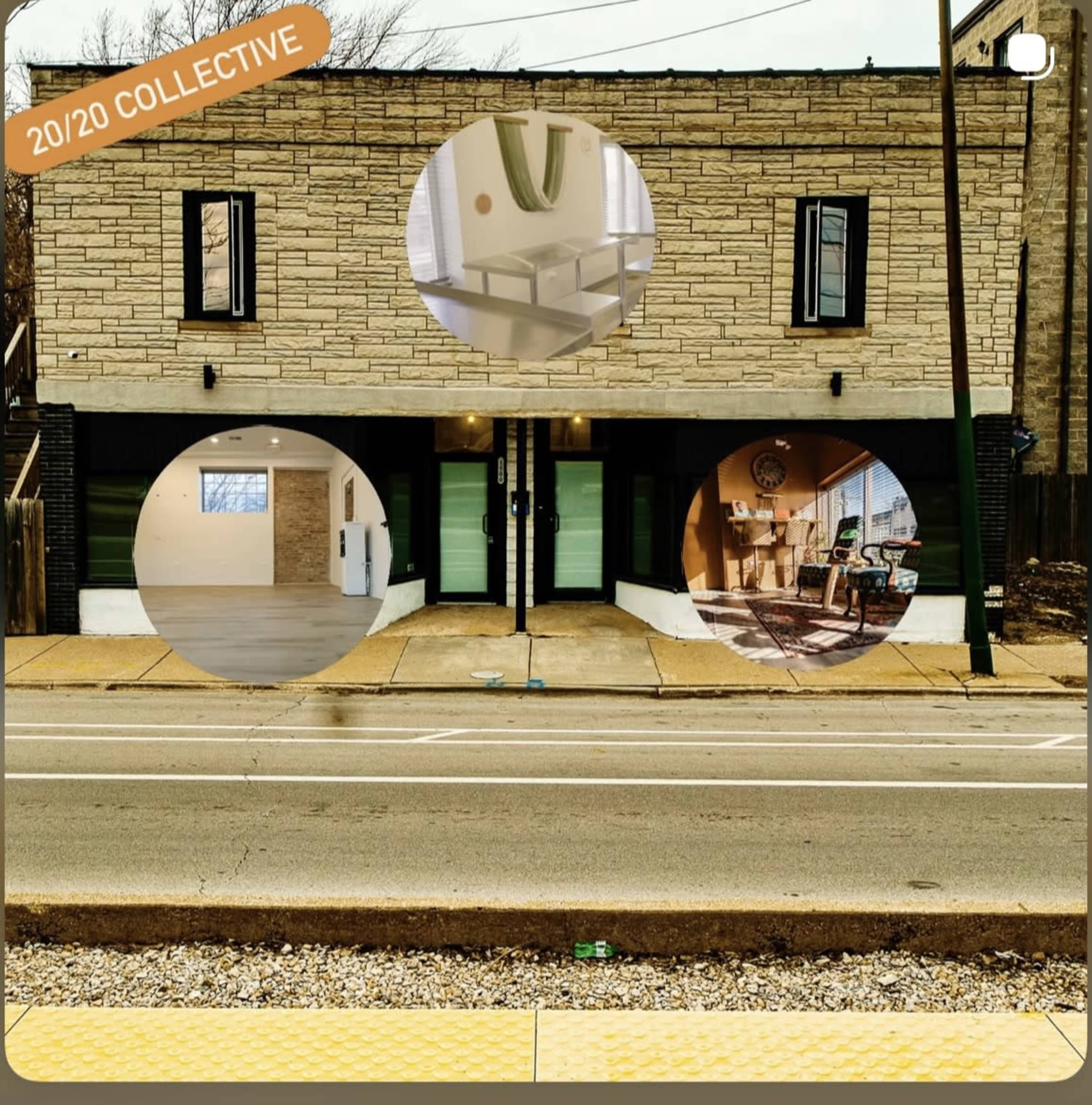 The image features a two-story building with a textured stone exterior, flanked by three circular inset images showcasing different interior spaces.