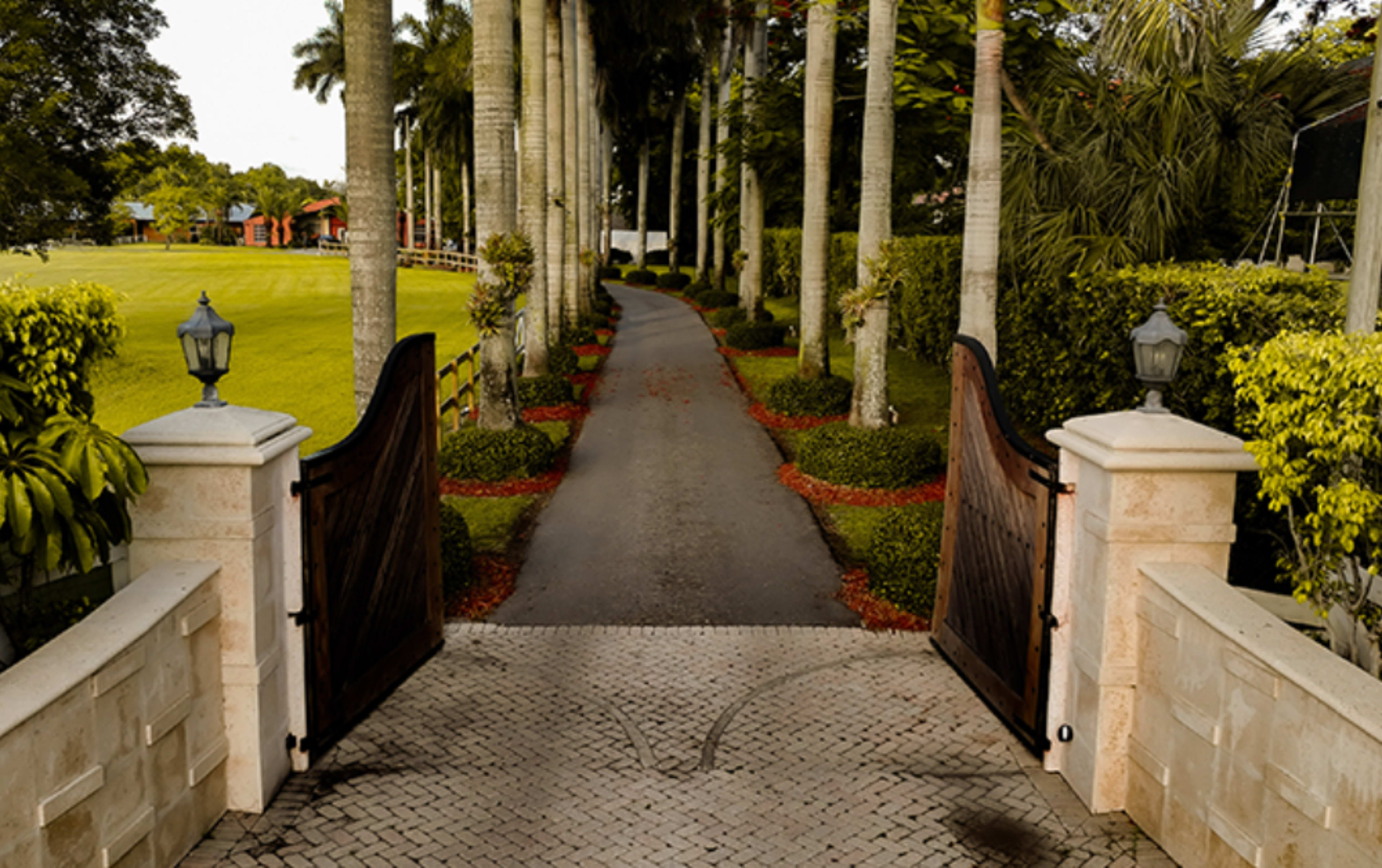A pathway lined with palm trees leads through an ornate stone gate.