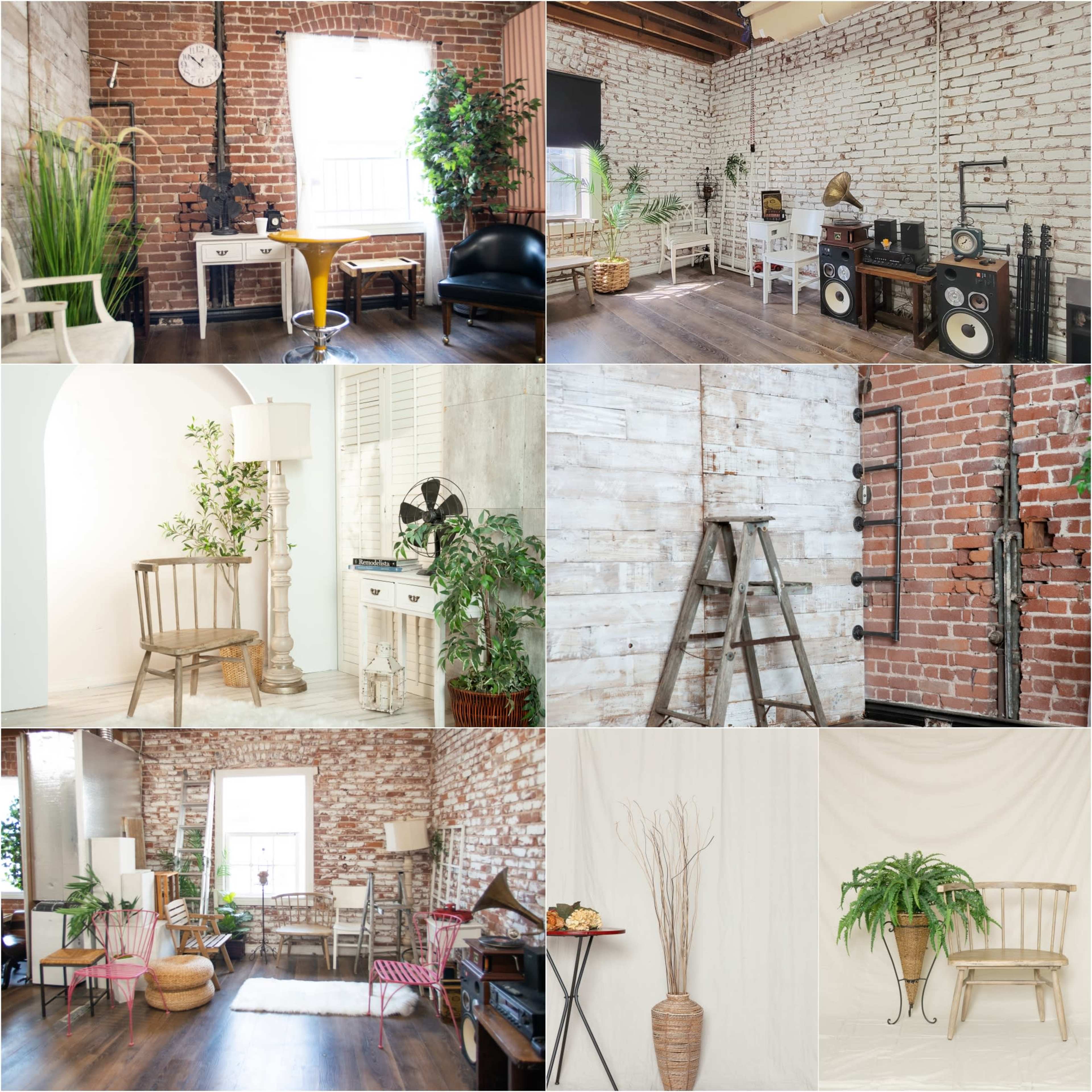 A collage of various interior spaces featuring brick walls, wooden floors, furniture like chairs and tables, plants, and decorative elements.
