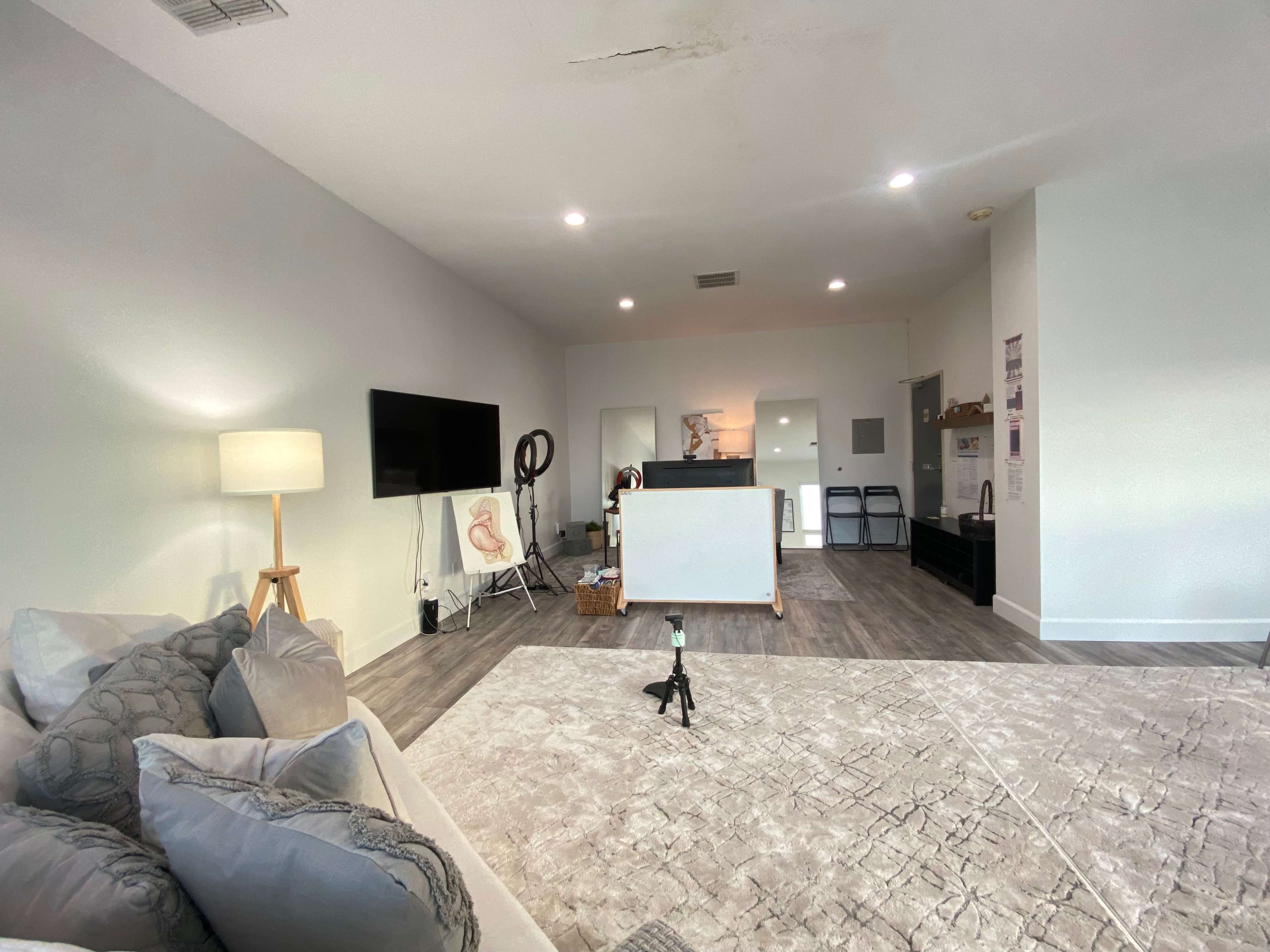 A modern, open living space with a plush rug, a television, and a kitchen area in the background.