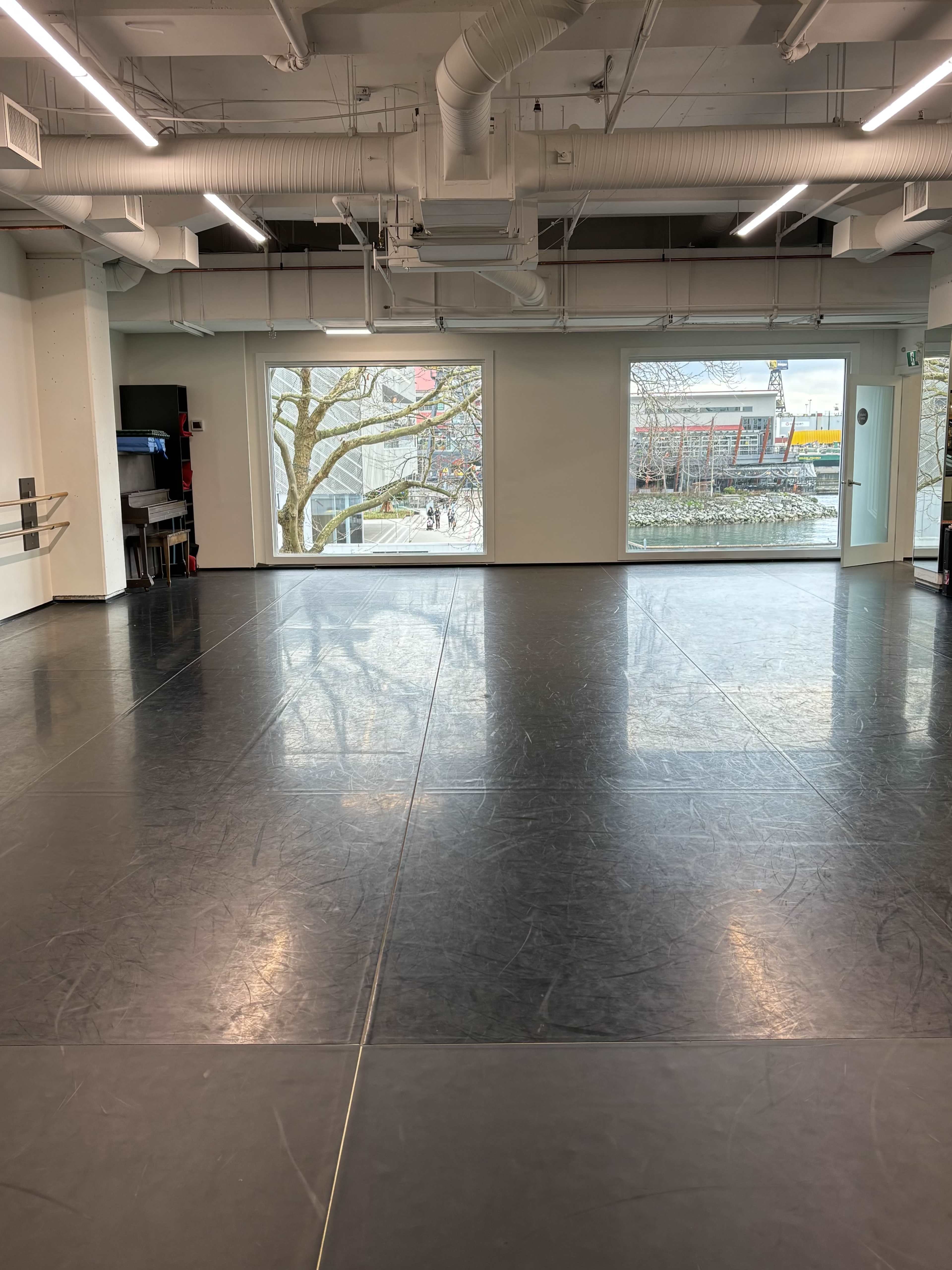 The image shows an empty dance studio with a black floor and large windows revealing an outdoor view.