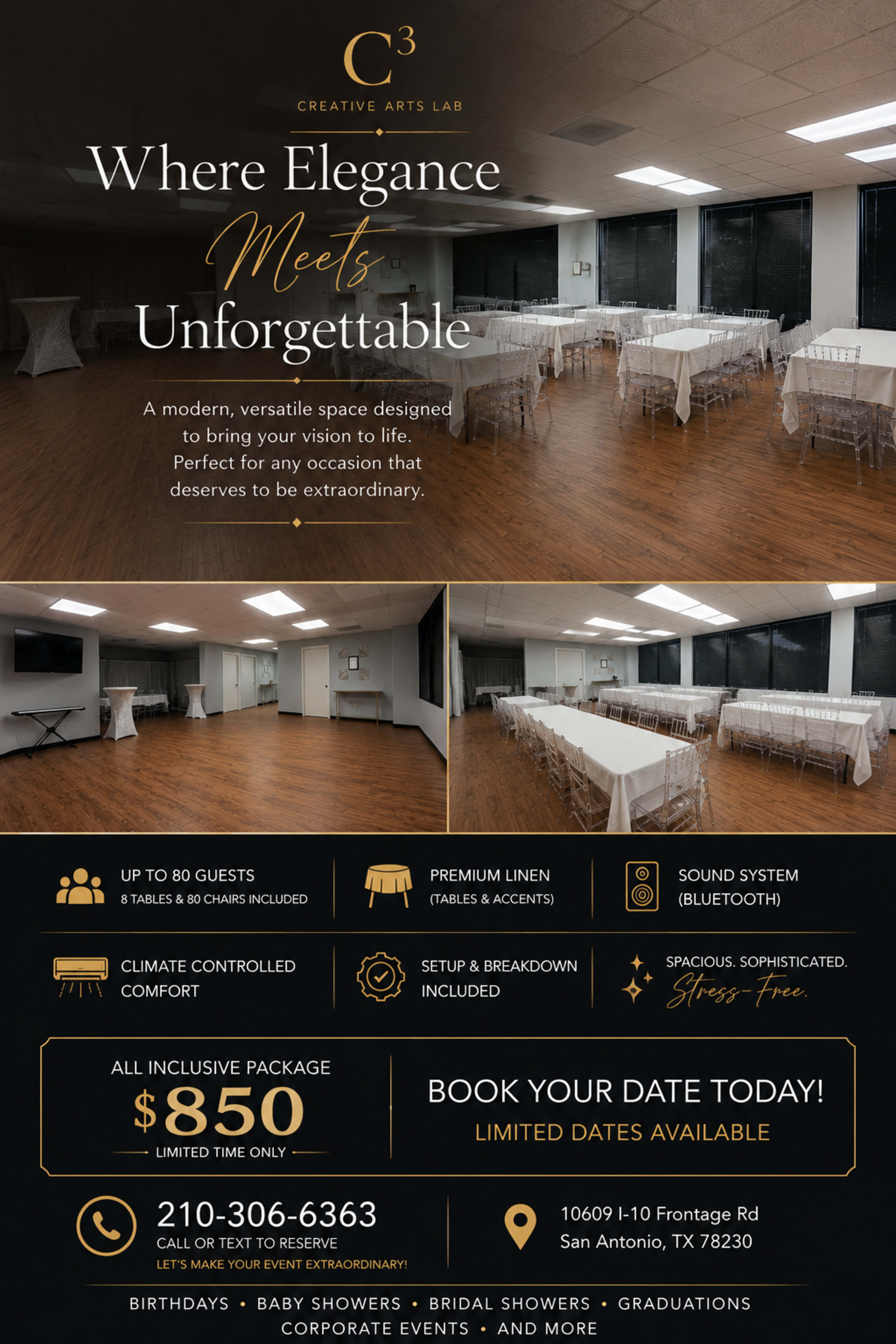 The image displays a promotional flyer for a versatile event space called C3 Creative Arts Lab, highlighting features such as capacity, controlled climate, and pricing.