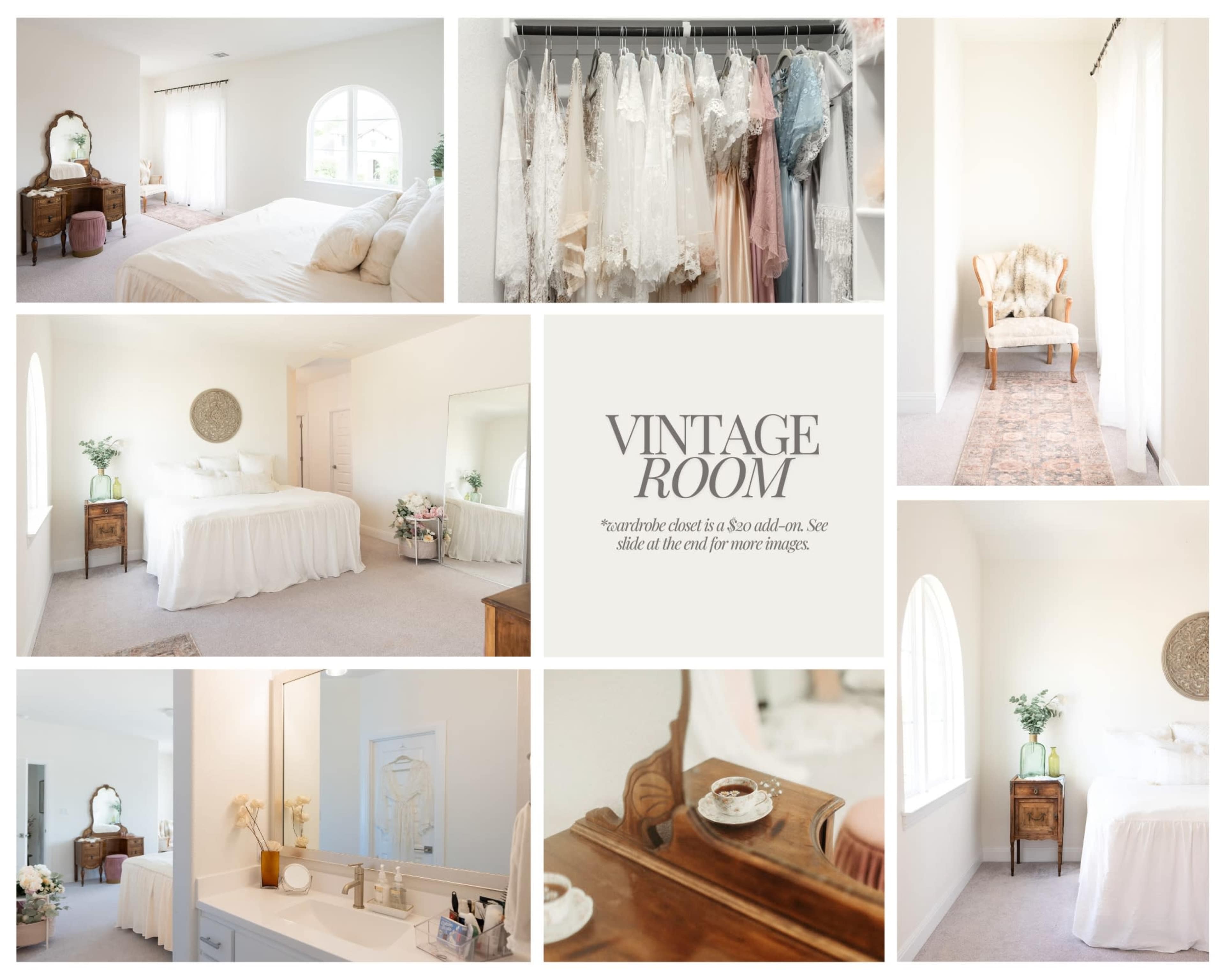 The image showcases a vintage-themed room featuring a bed, a dressing area with hanging dresses, and various decorative elements like a mirror, a chair, and a bathroom vanity.