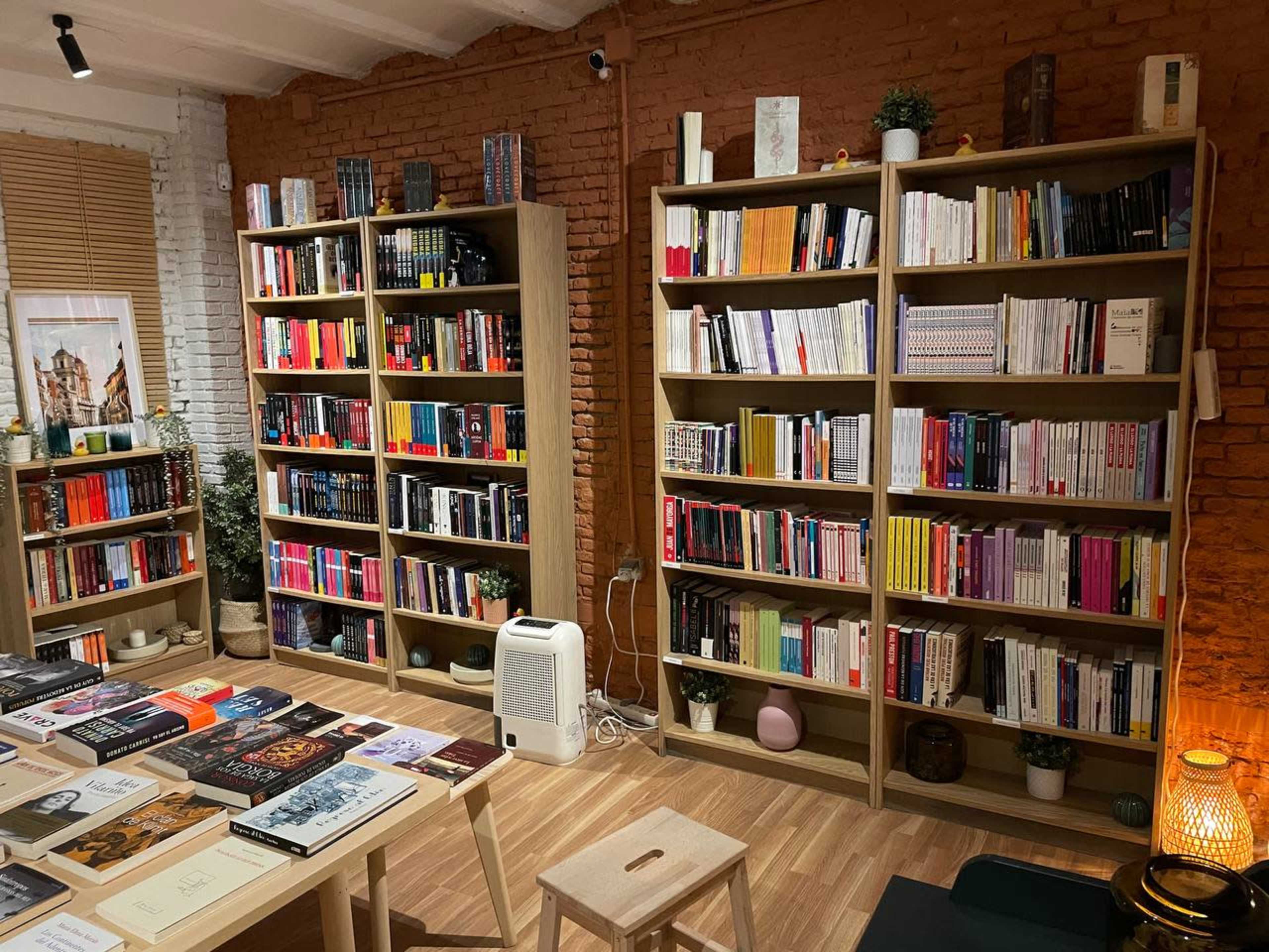The image shows a cozy room with wooden bookshelves filled with various books, a table with more books laid out, and a warm light in the corner.