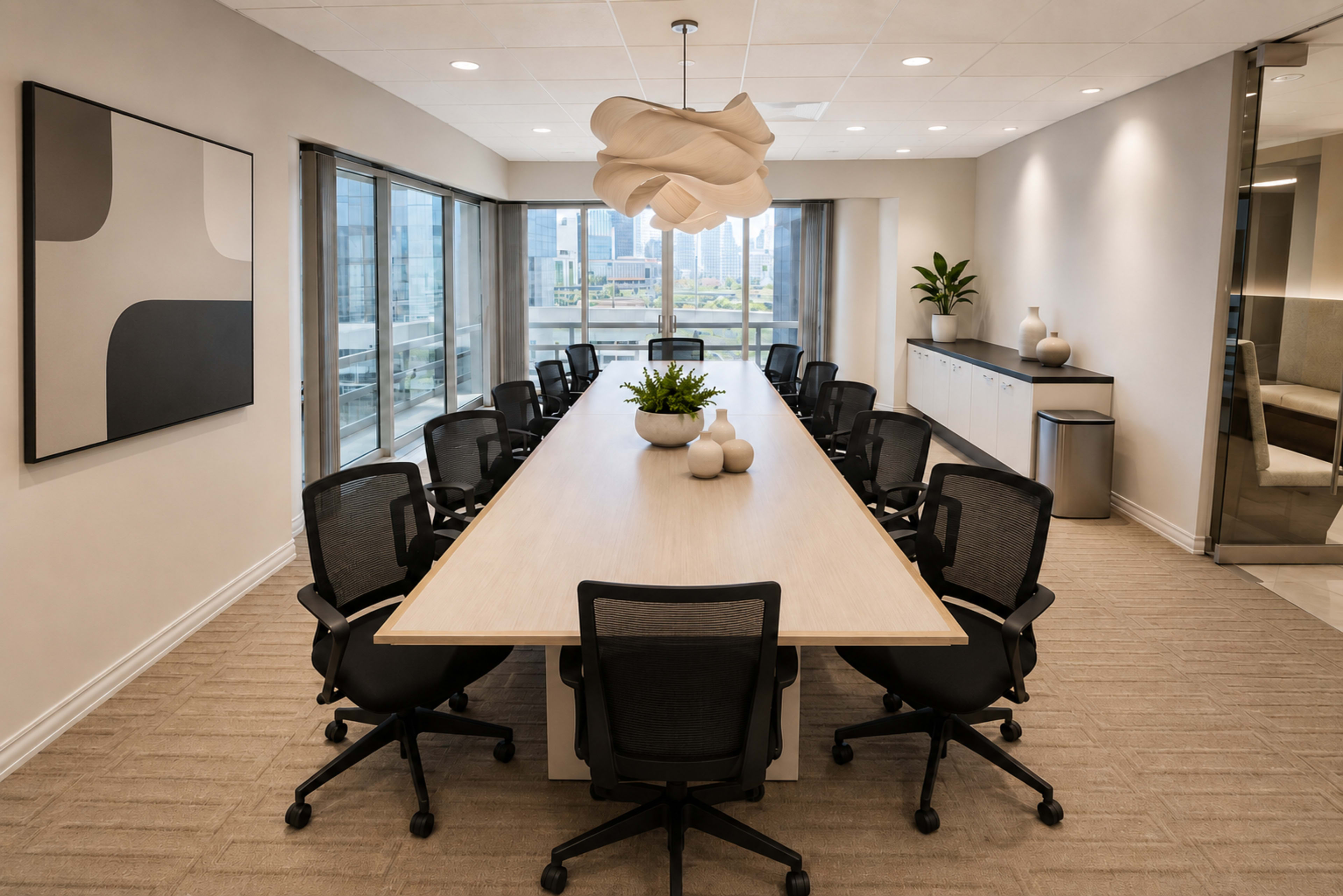 The image shows a modern conference room with a long wooden table surrounded by black office chairs, large windows providing natural light, and contemporary decor.