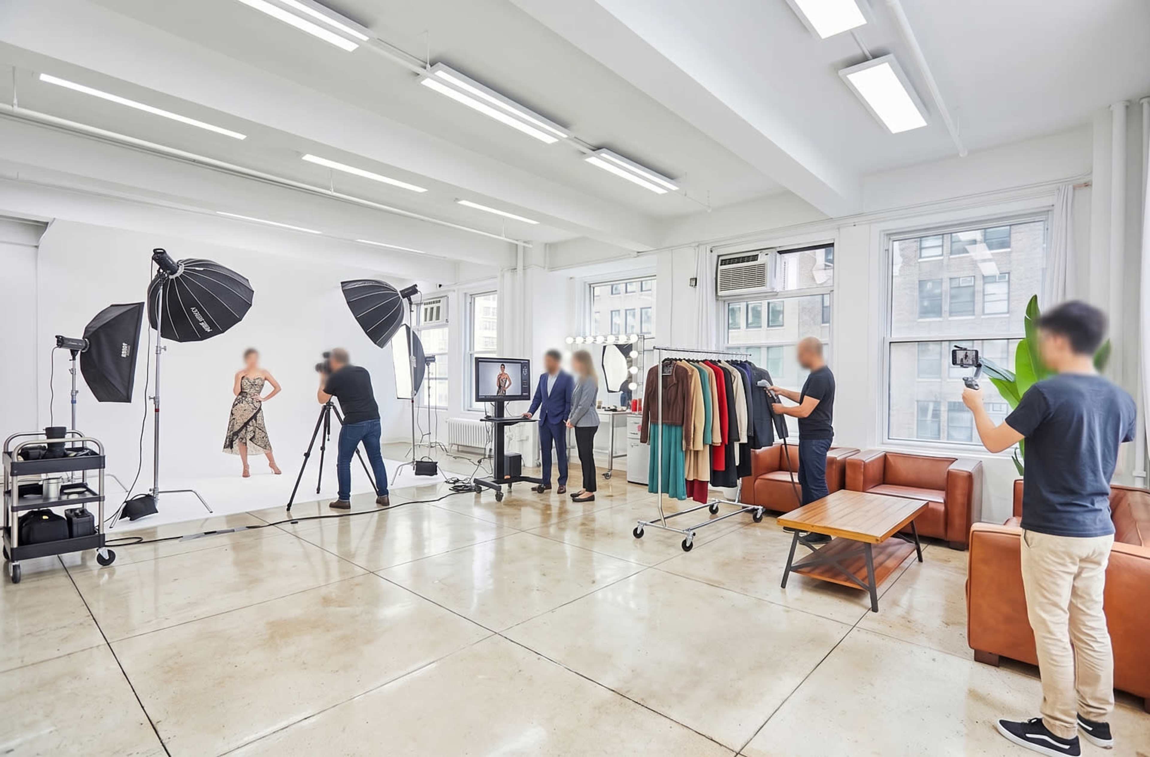 A photo shoot is taking place in a brightly lit studio, featuring a model posing in front of a backdrop while a team sets up cameras and equipment.