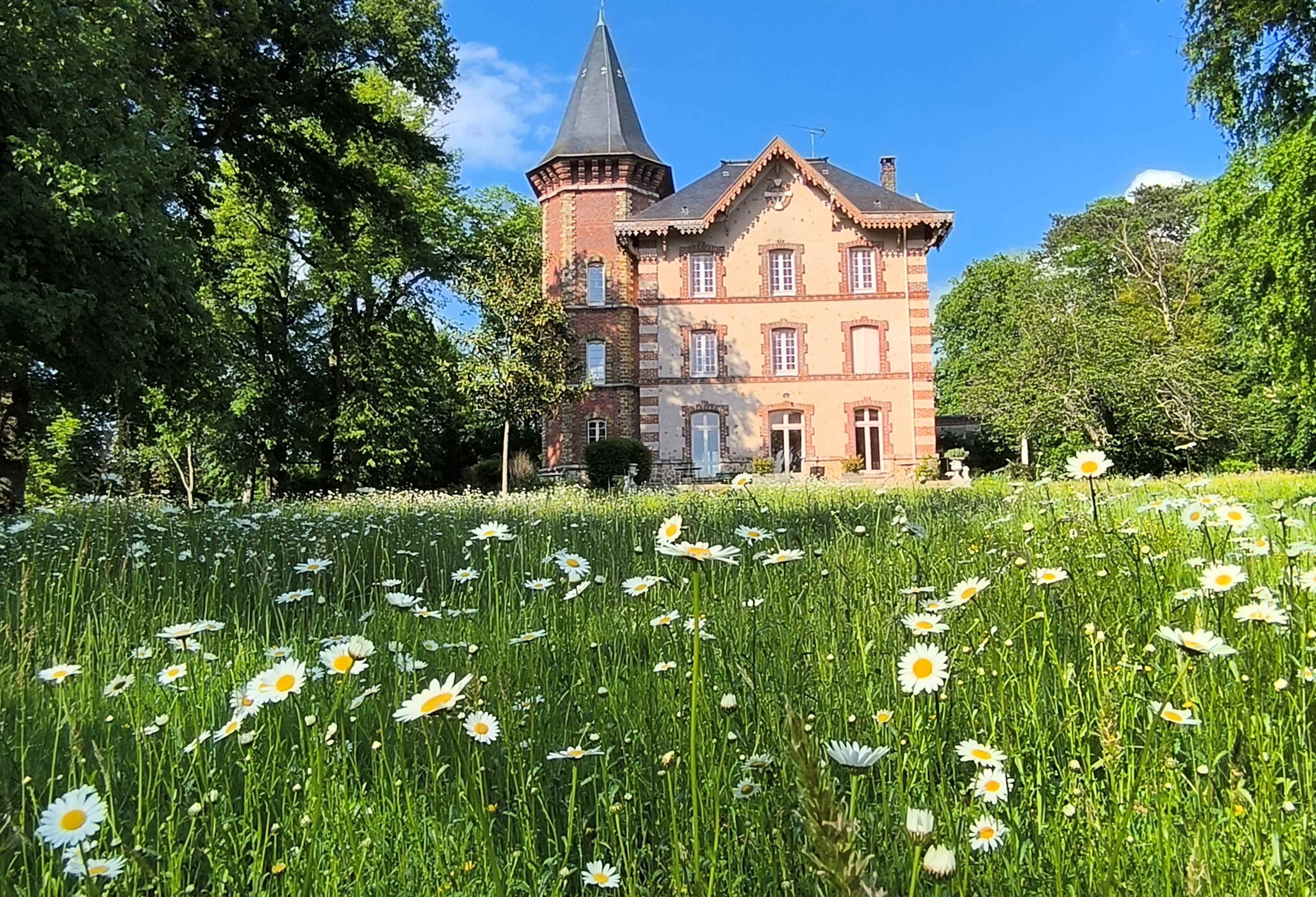 A large brick house with a tall spire stands amidst a field of wildflowers and green grass under a clear blue sky.