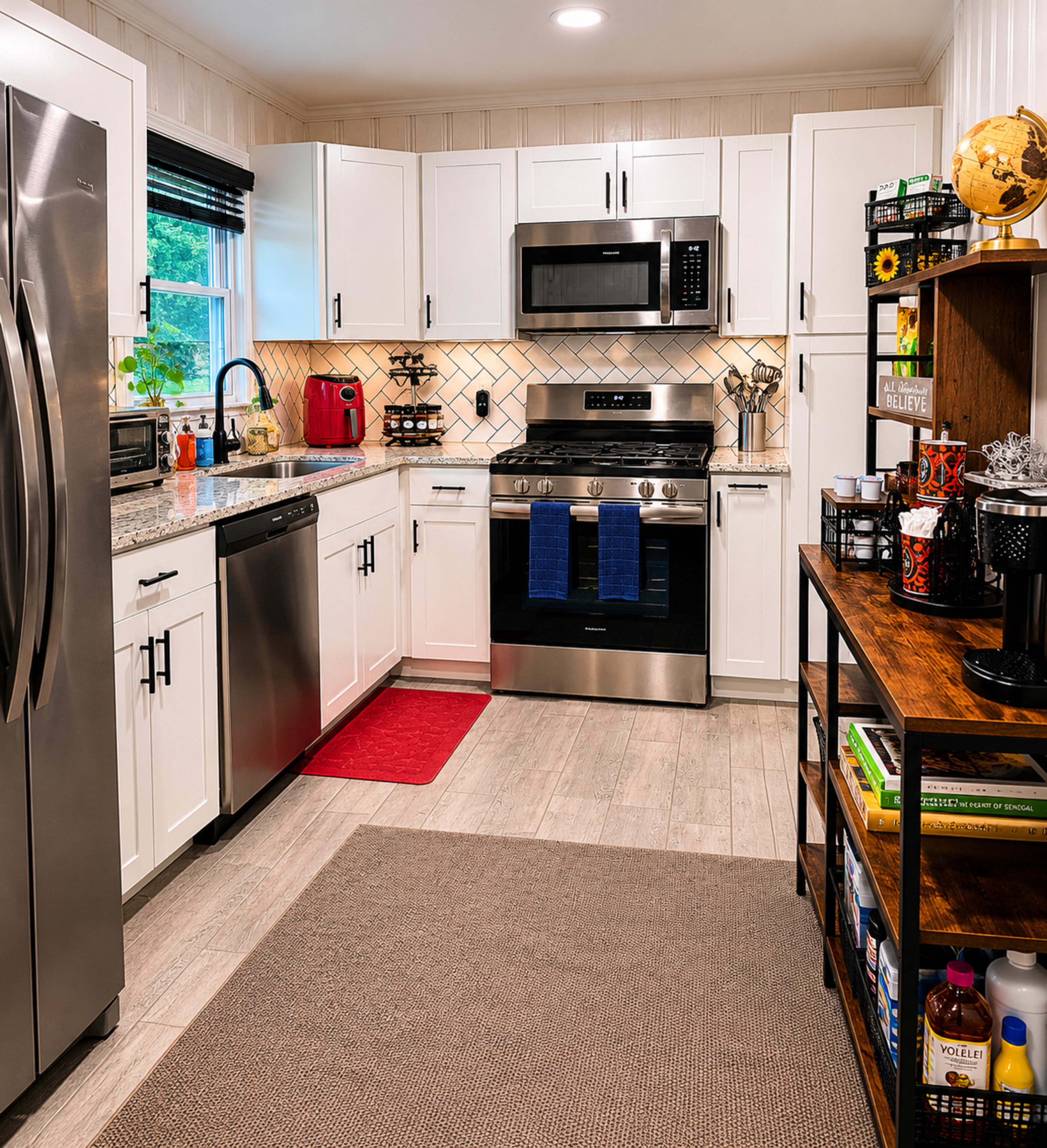 The image shows a modern kitchen with white cabinetry, stainless steel appliances, and a wood shelving unit displaying various items.