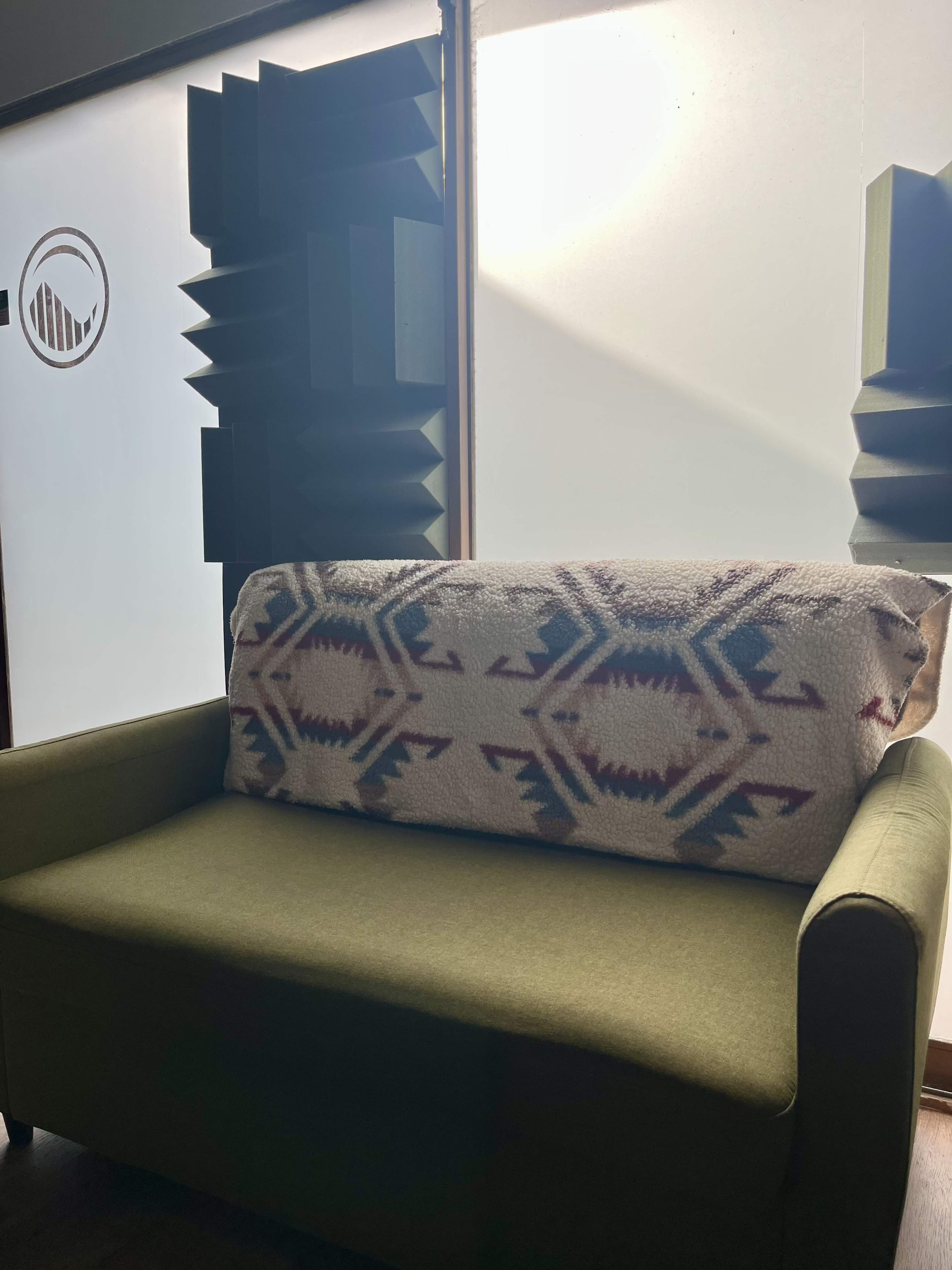 A green couch with a patterned blanket is positioned near a window with frosted glass, accompanied by soundproofing foam panels on the wall.
