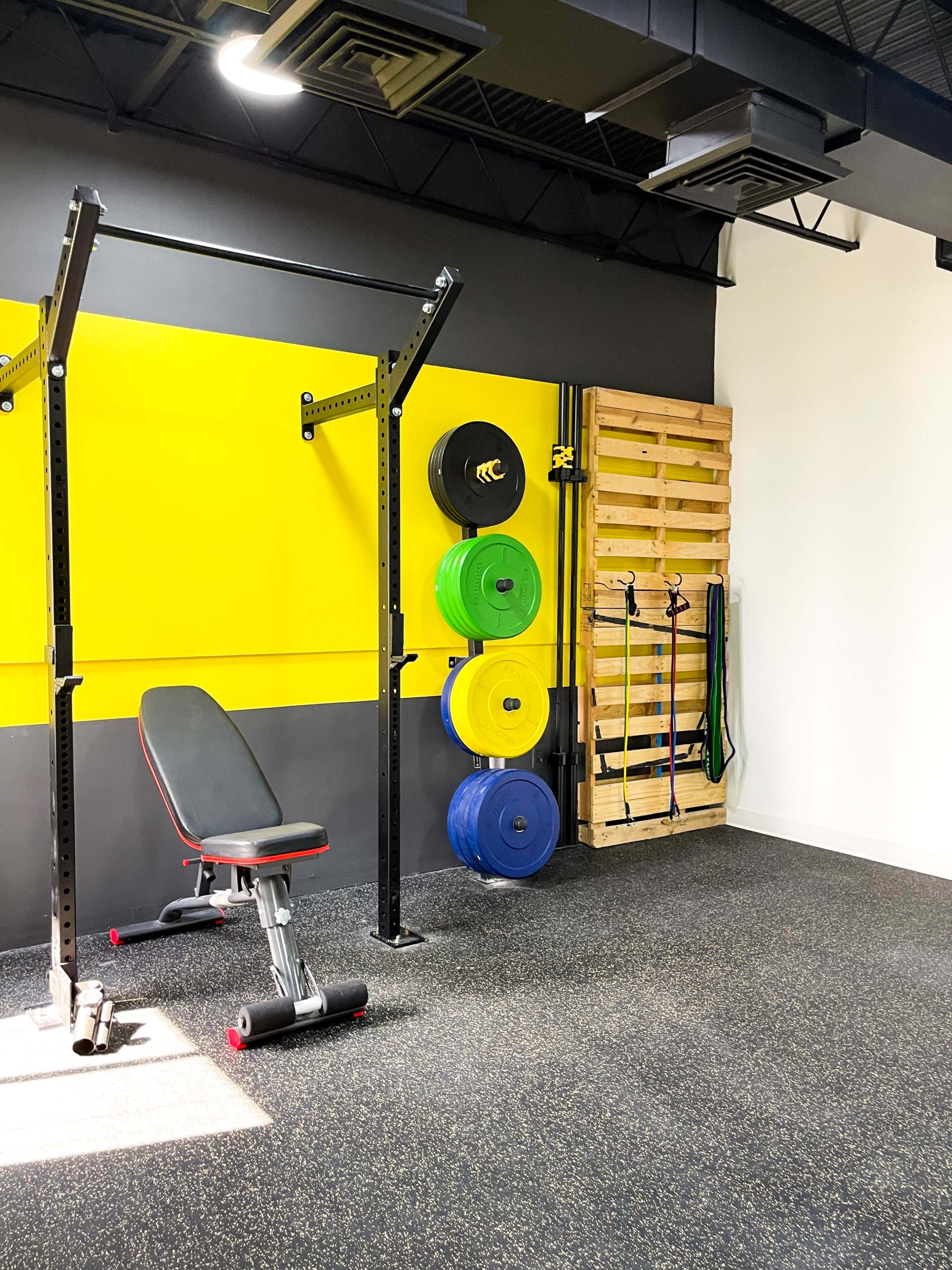 The image shows a gym space featuring a squat rack, a bench, colorful weight plates on a wall, and resistance bands on a wooden pegboard.