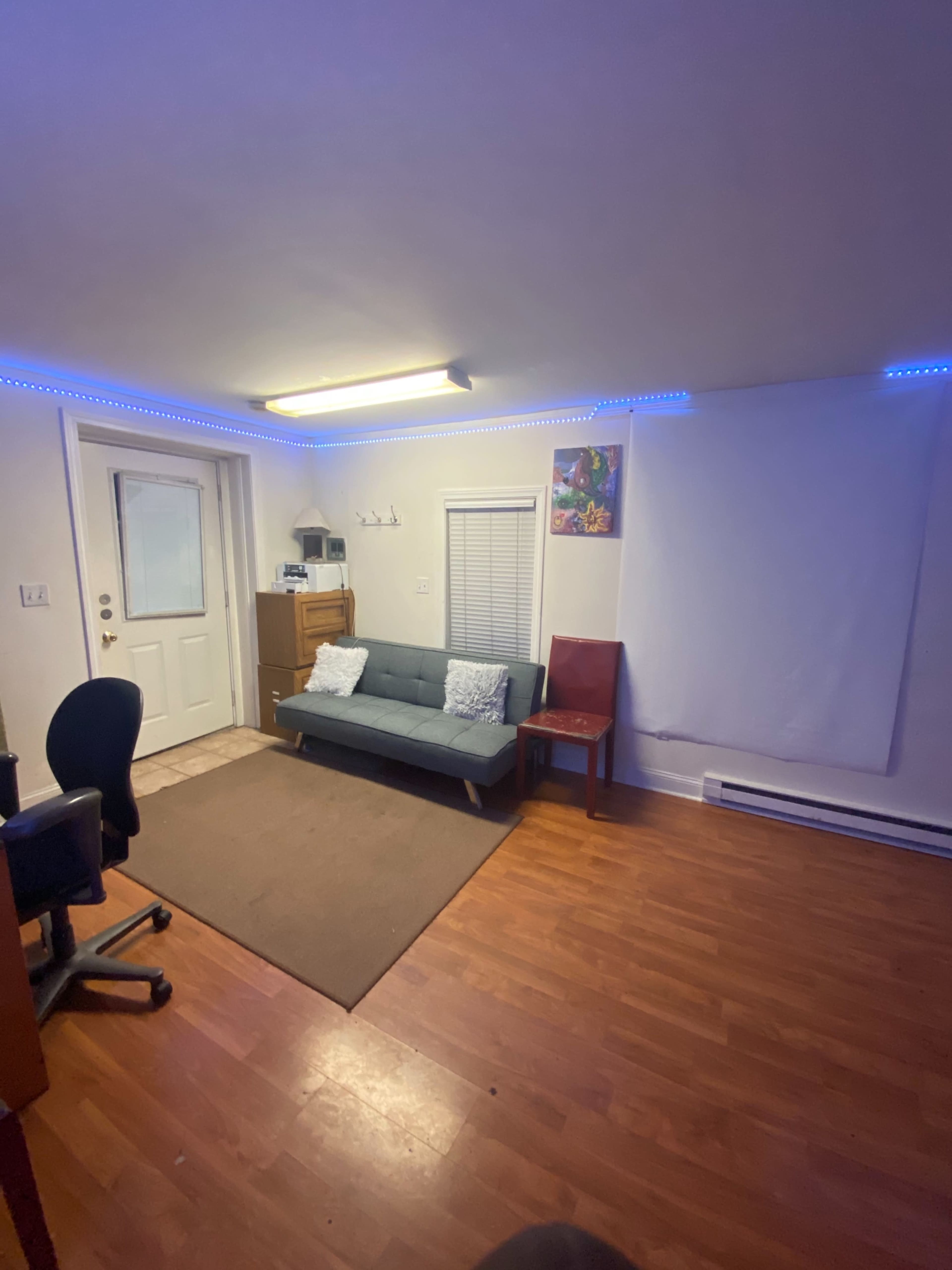 A small room features a gray sofa, a chair, and a light-colored rug, with blue LED lights along the ceiling and a white wall ready for projection.