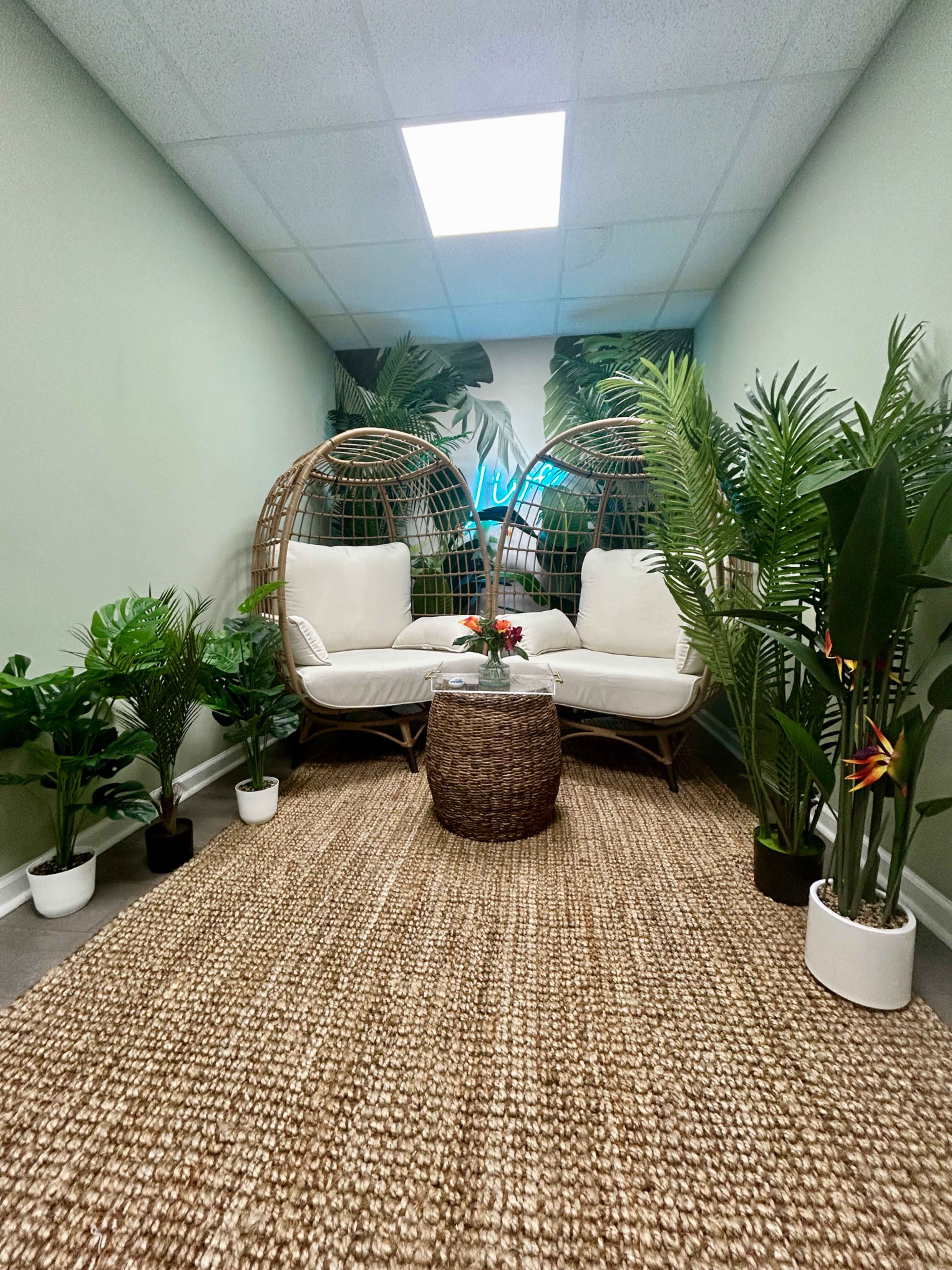 The image shows a cozy indoor space featuring two wicker chairs with white cushions, surrounded by potted plants and a woven rug.