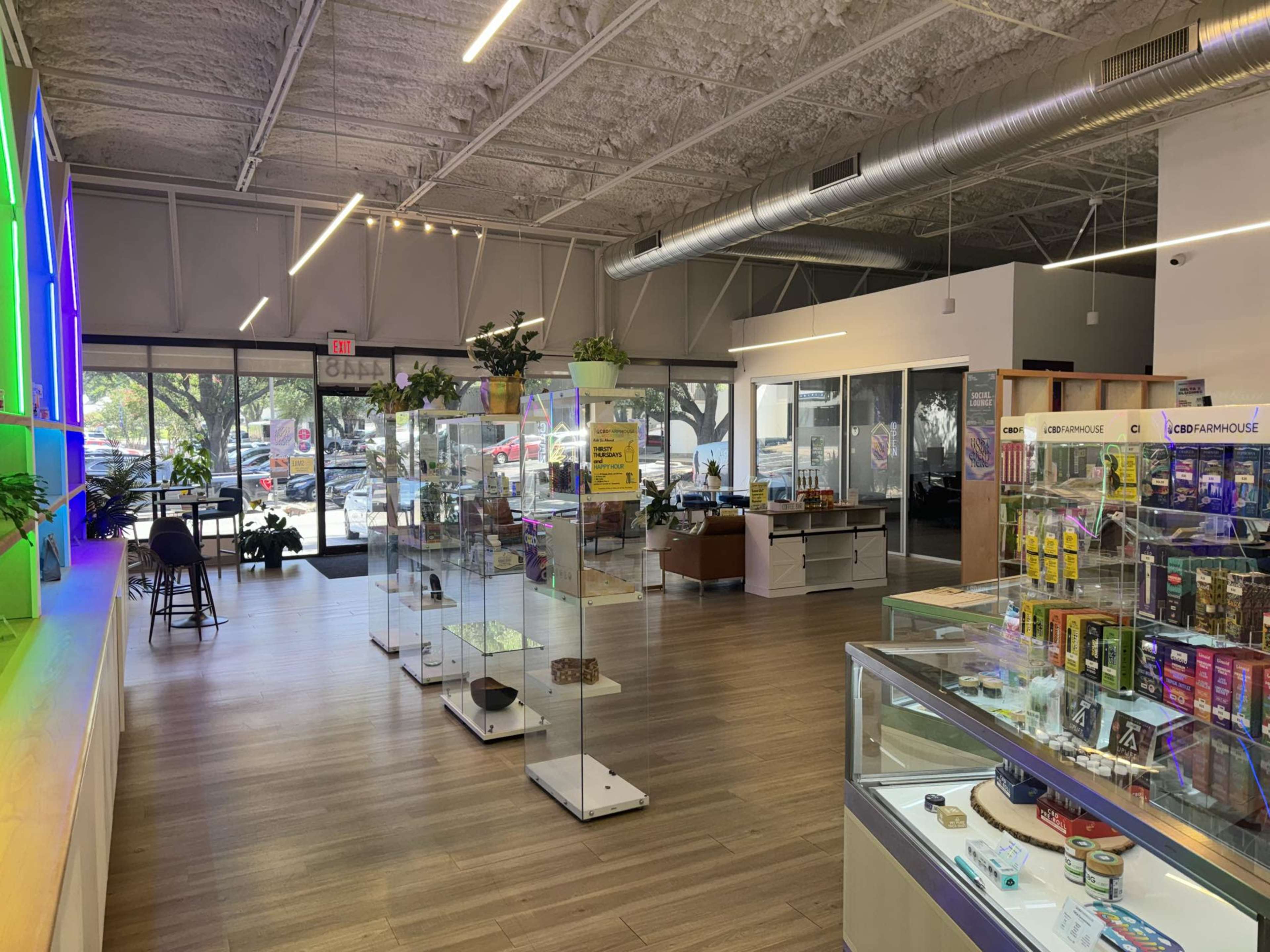 The interior of a modern retail store with display cases and a counter, featuring plants and large windows that let in natural light.