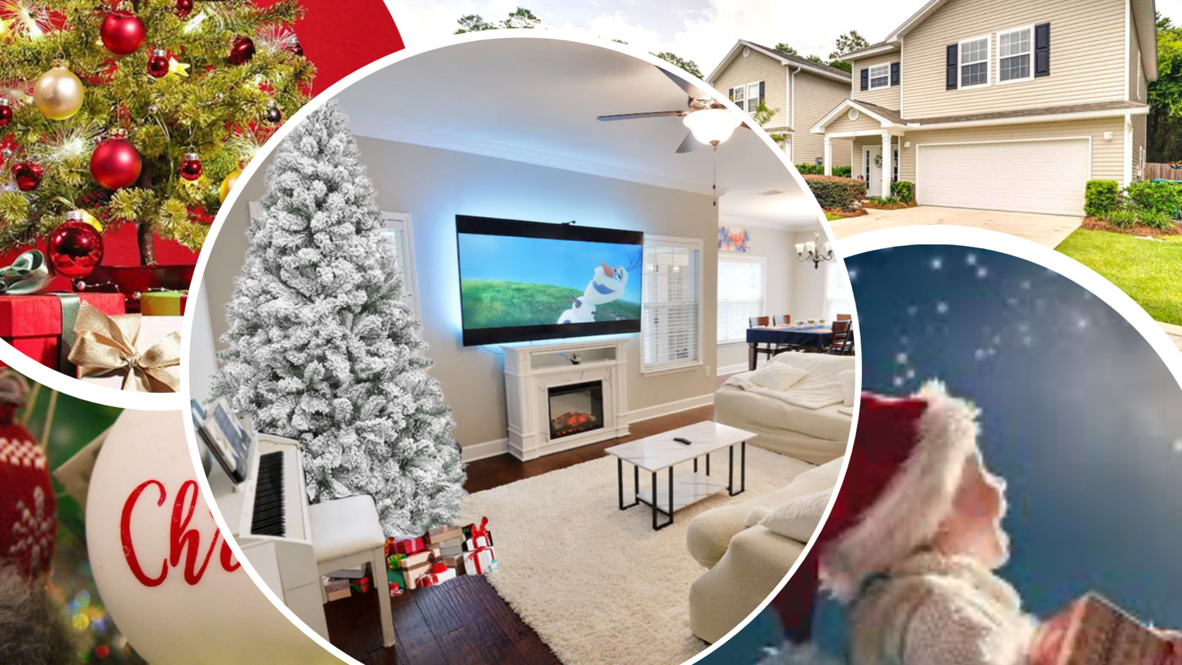 A cozy living room decorated for Christmas, with a white tree, presents, and a digital screen displaying a winter scene.