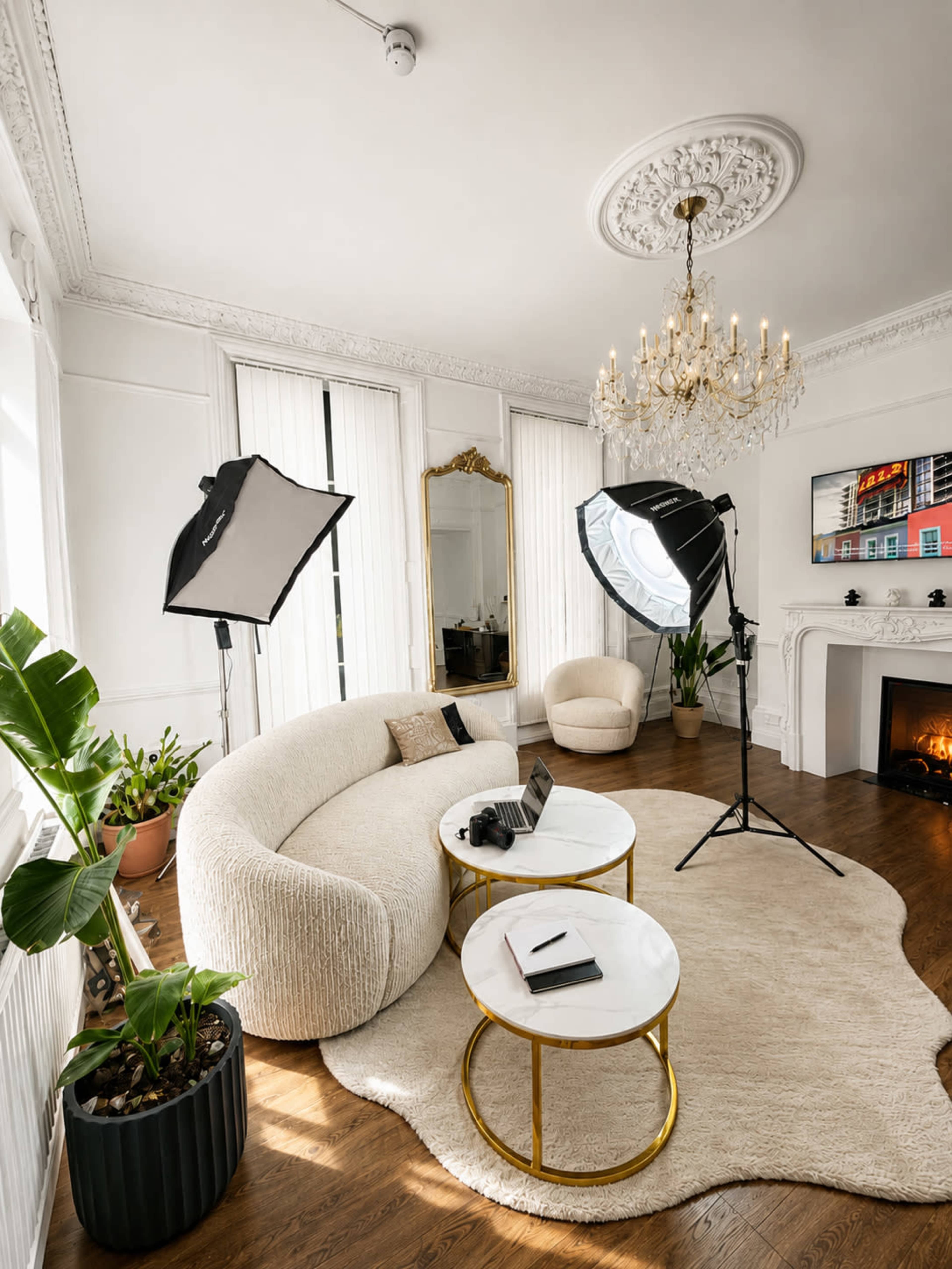 A bright living room features a curved beige sofa, two round tables, a large mirror, a chandelier, and photography lighting equipment.
