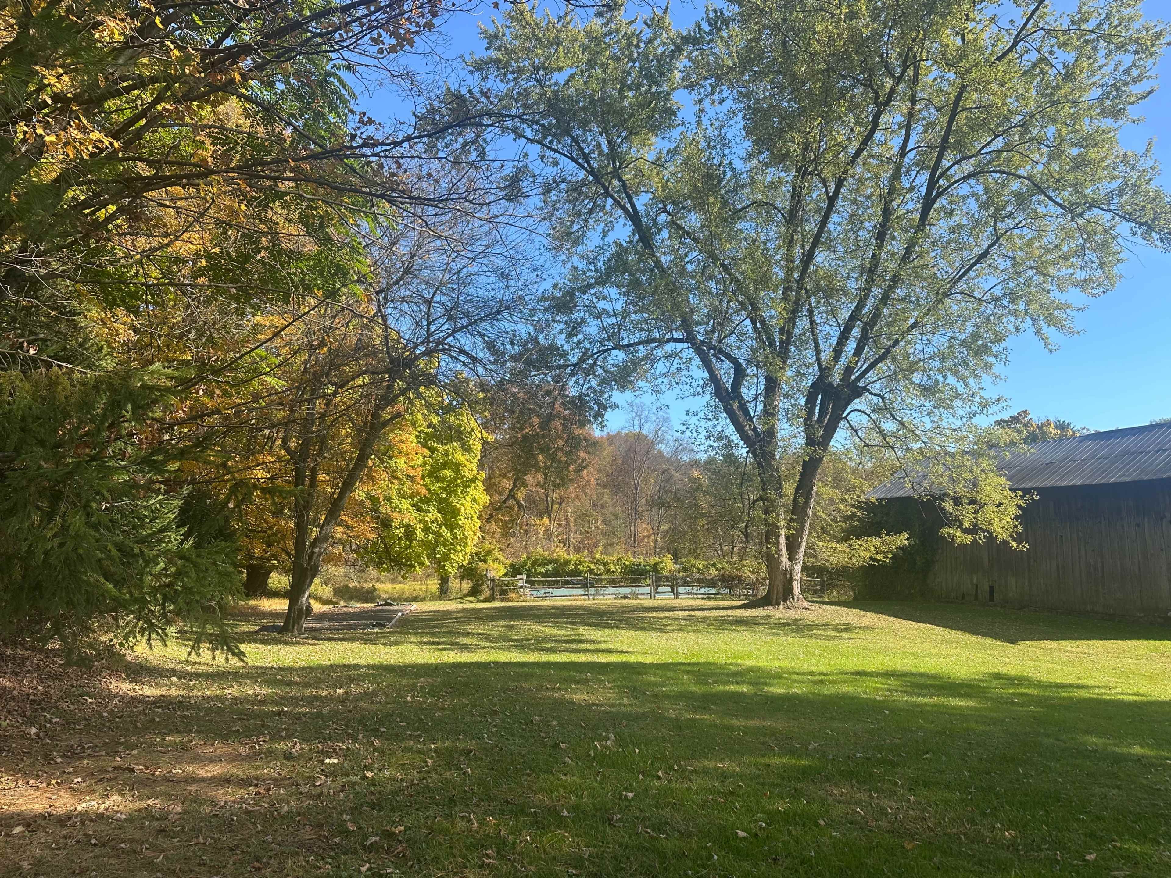 The image shows a grassy area with trees and a wooden barn in a rural setting under a clear blue sky.