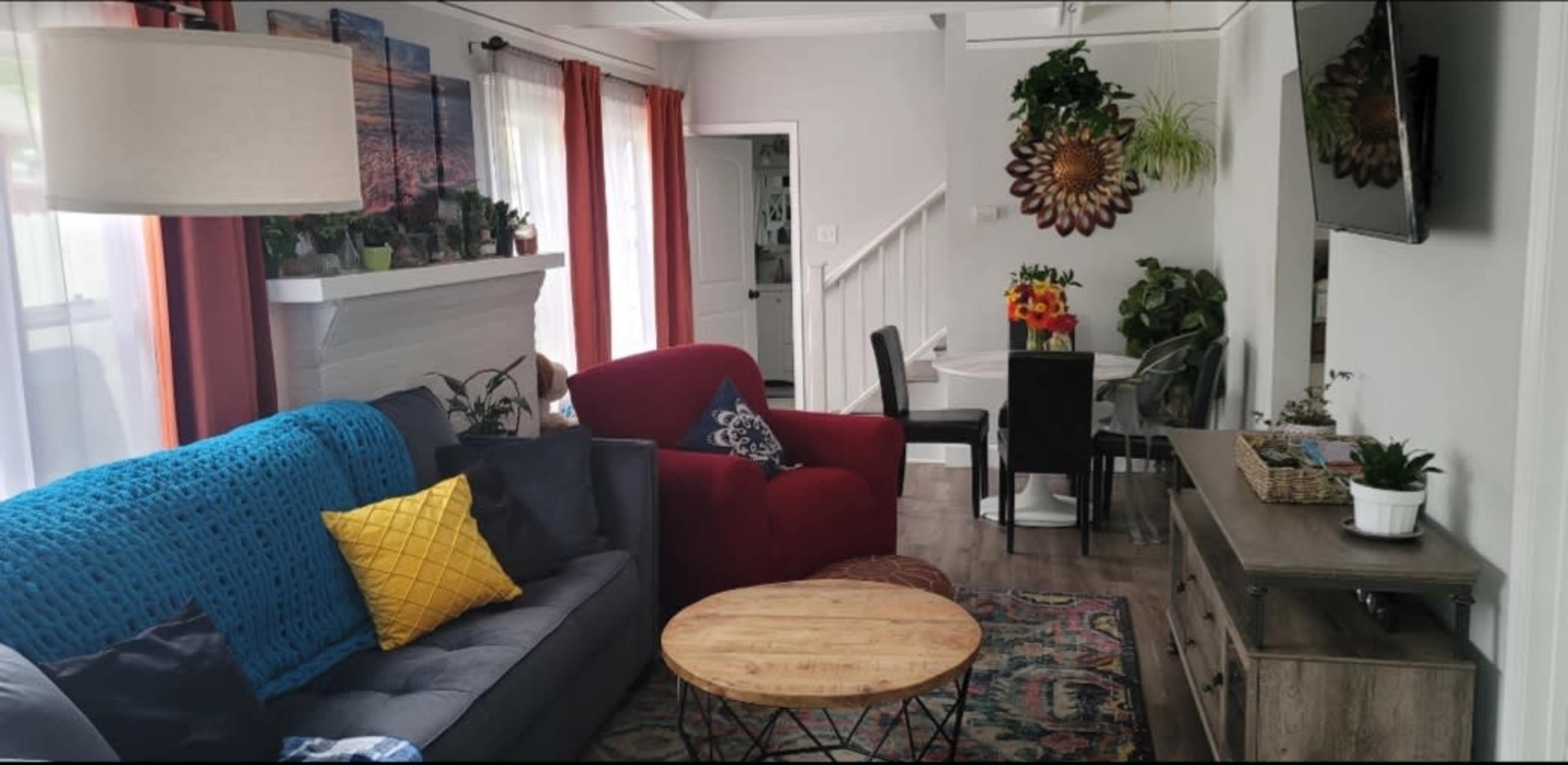 The living area features a gray sofa with a blue throw, a red armchair, a round wooden coffee table, and a dining space in the background with black chairs and a vibrant centerpiece.