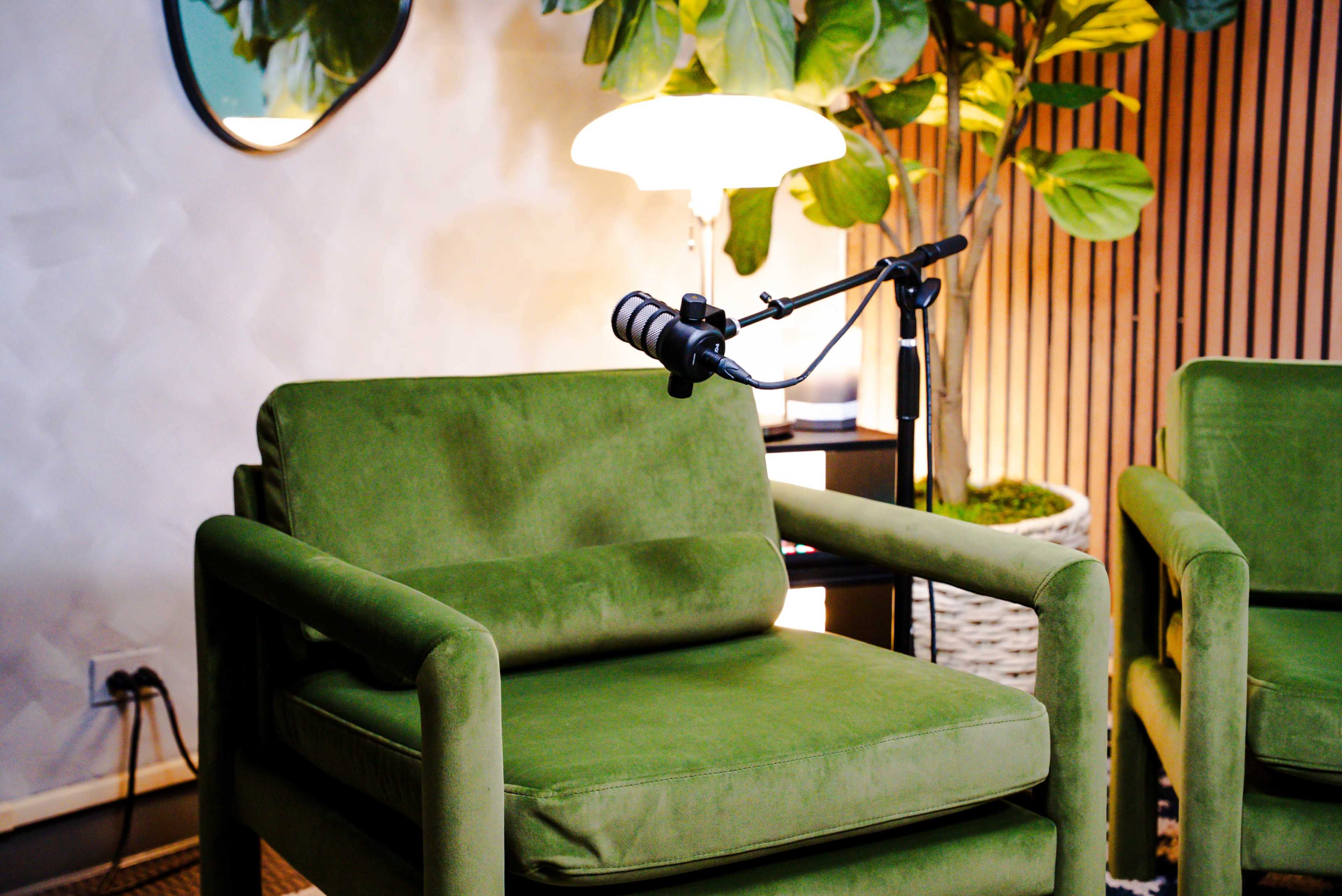 A green upholstered chair with a microphone attached to a stand is positioned near a lamp and a decorative plant in a modern interior setting.