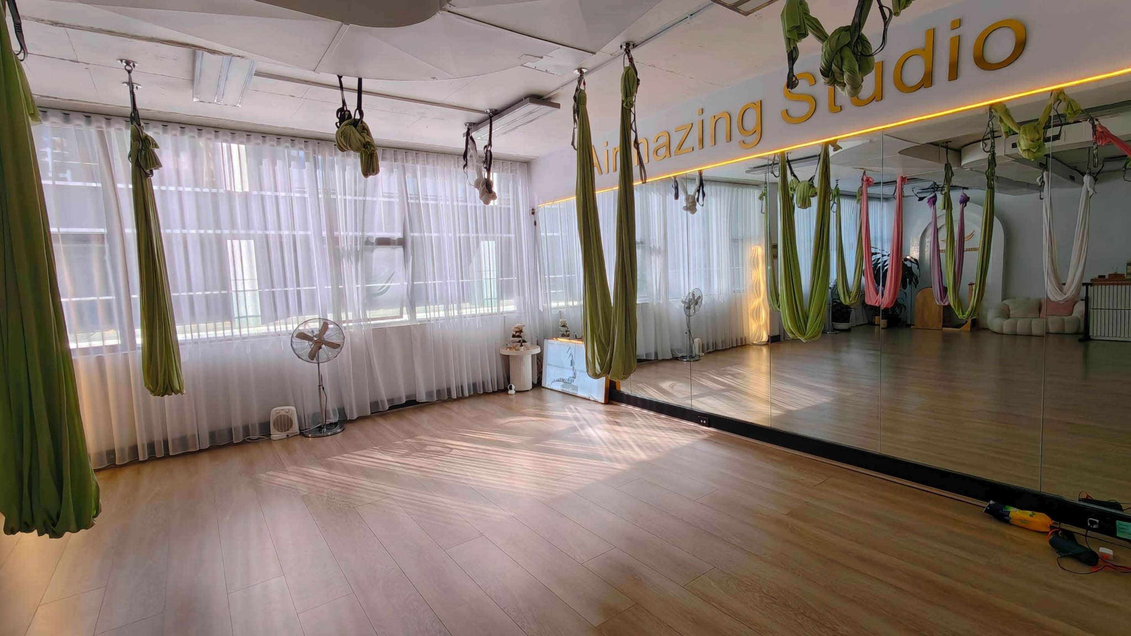 The image shows a spacious aerial yoga studio featuring green silks hanging from the ceiling, large windows letting in natural light, and a mirrored wall.