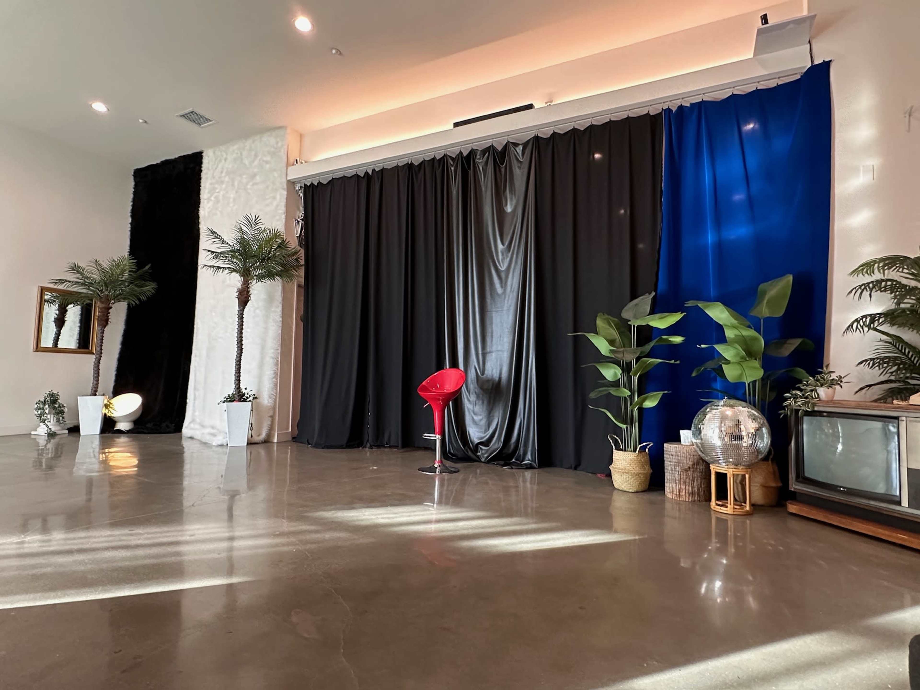 The image shows a spacious room with a polished concrete floor, decorated with two potted palm trees and various backdrop curtains in black and blue, along with a red chair, a vintage television, and a globe.