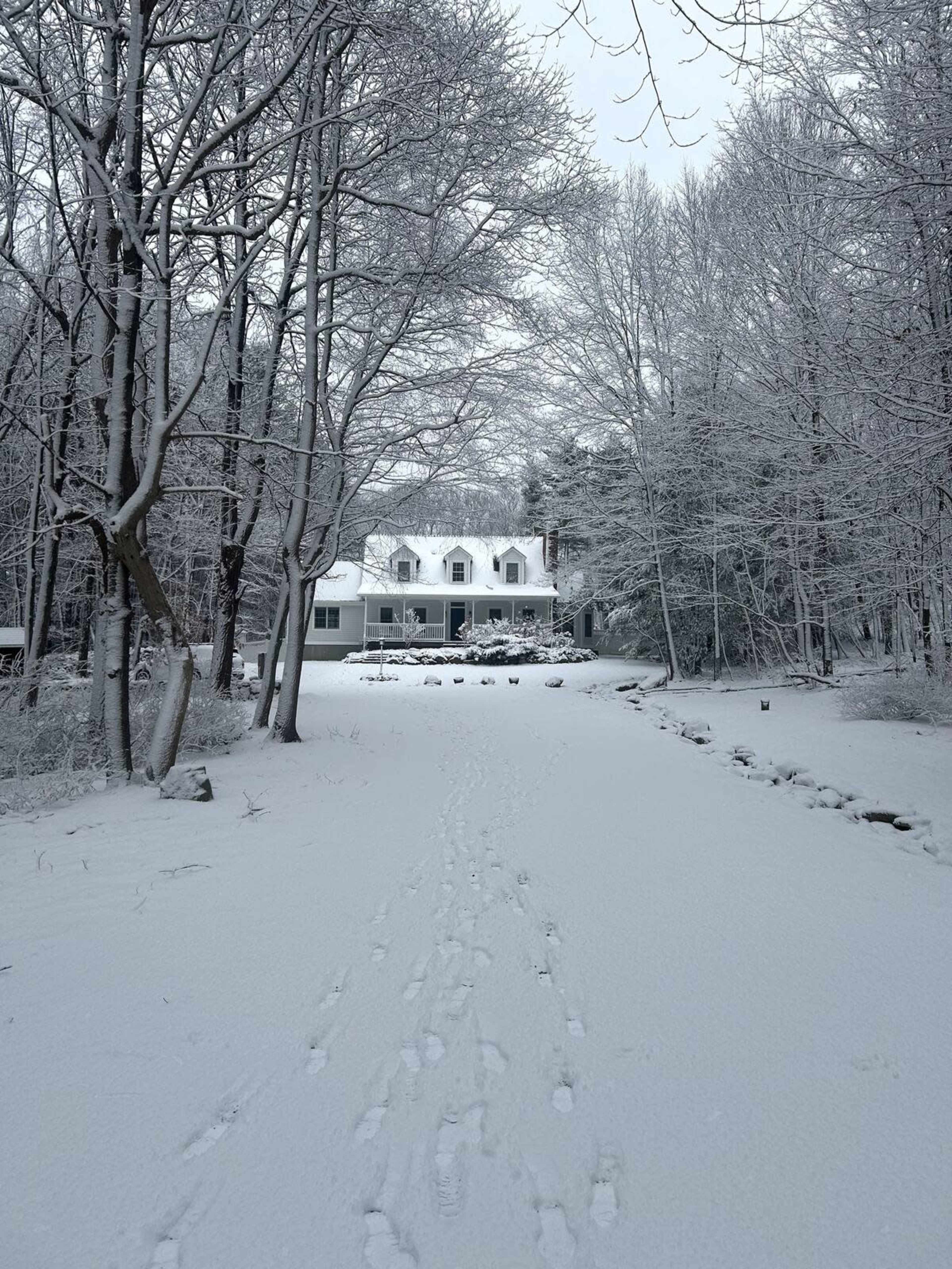A white two-story house sits amidst snow-covered trees, with footprints leading towards it along a snowy path.