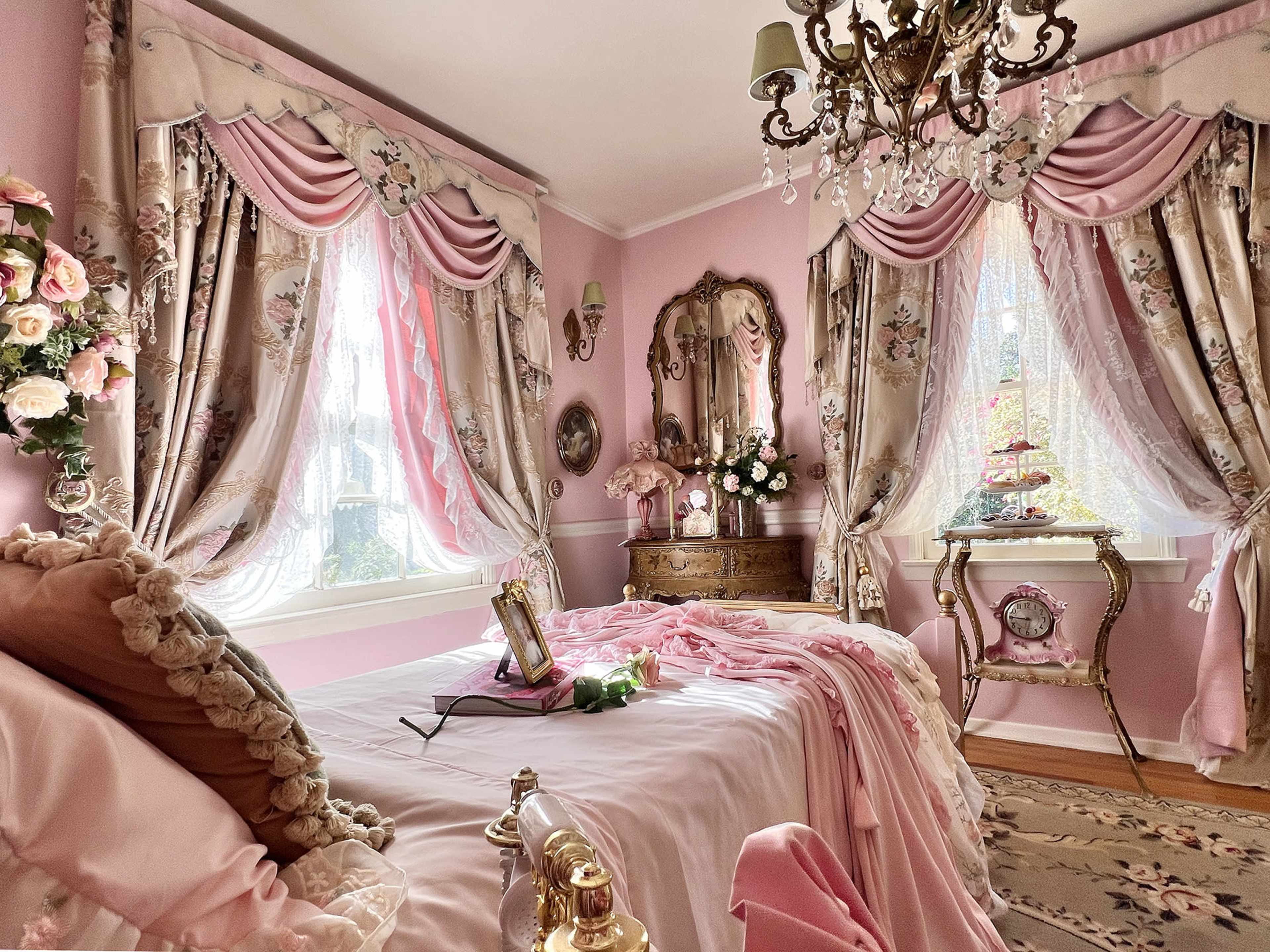 The image shows a softly lit bedroom decorated in pink tones, featuring a bed with a ruffled comforter, ornate mirrors, curtains with floral patterns, and vintage furniture.