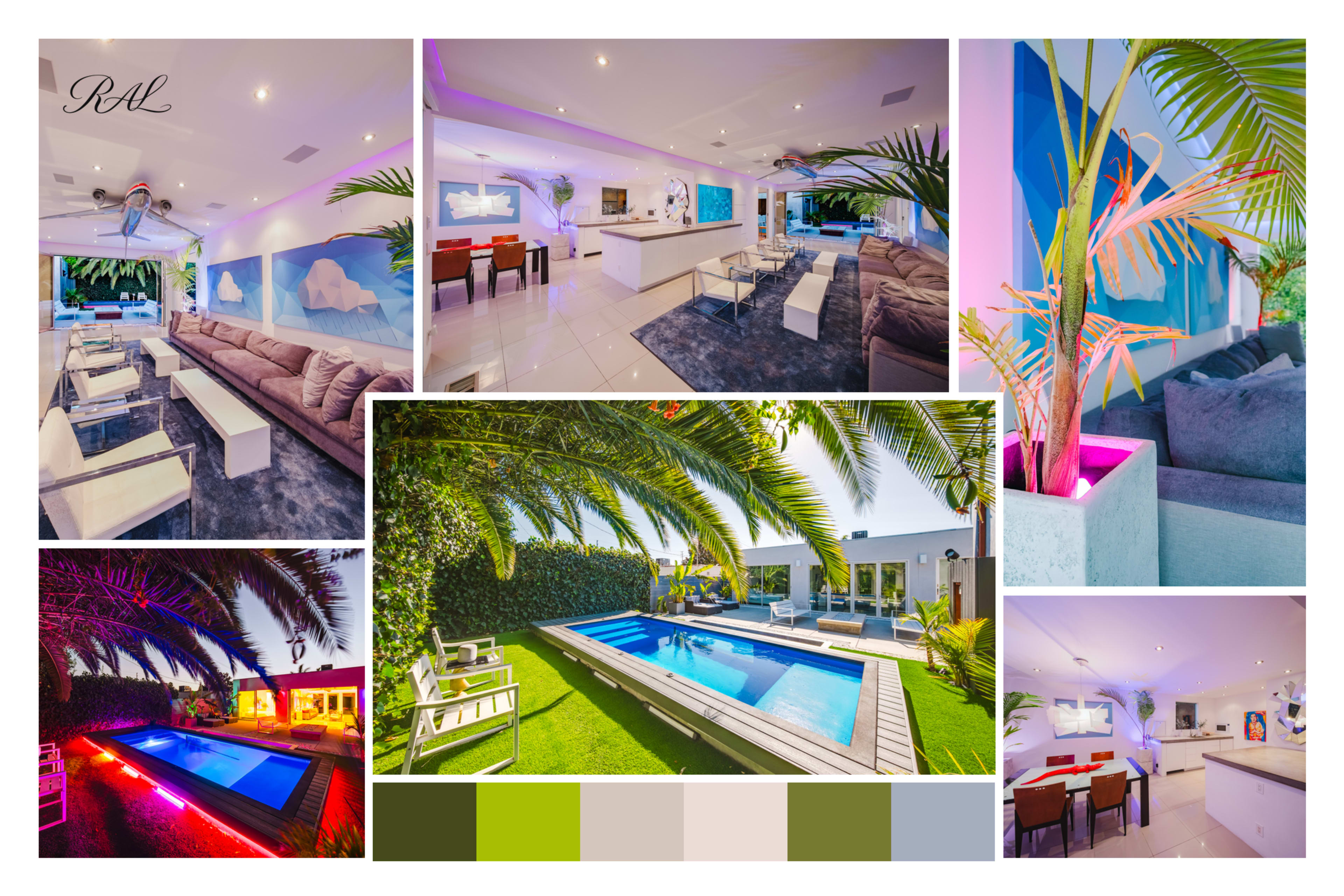 The image showcases a modern interior and exterior space with a stylish living area, dining setup, and a backyard featuring a swimming pool surrounded by palm trees and outdoor furniture.