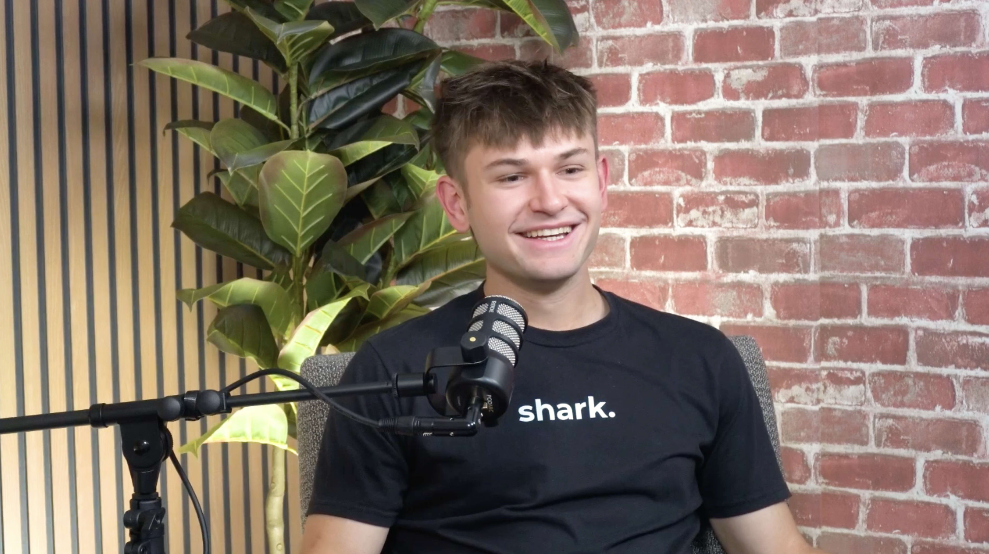 A young man is sitting in front of a microphone and a brick wall, with a potted plant in the background.