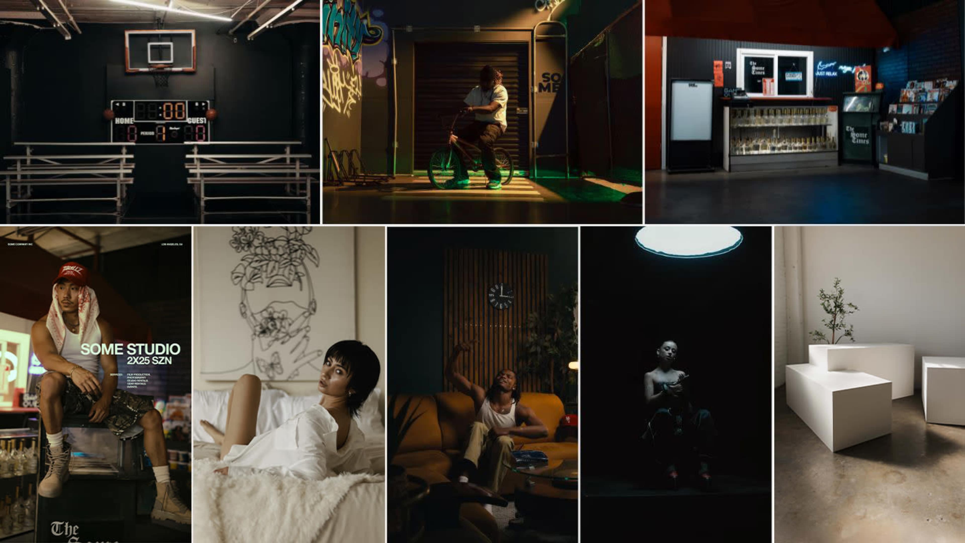 The image features a collage of various indoor scenes, including a basketball court, a dimly lit lounge area, an empty concession stand, and several portraits of individuals in different poses and settings.