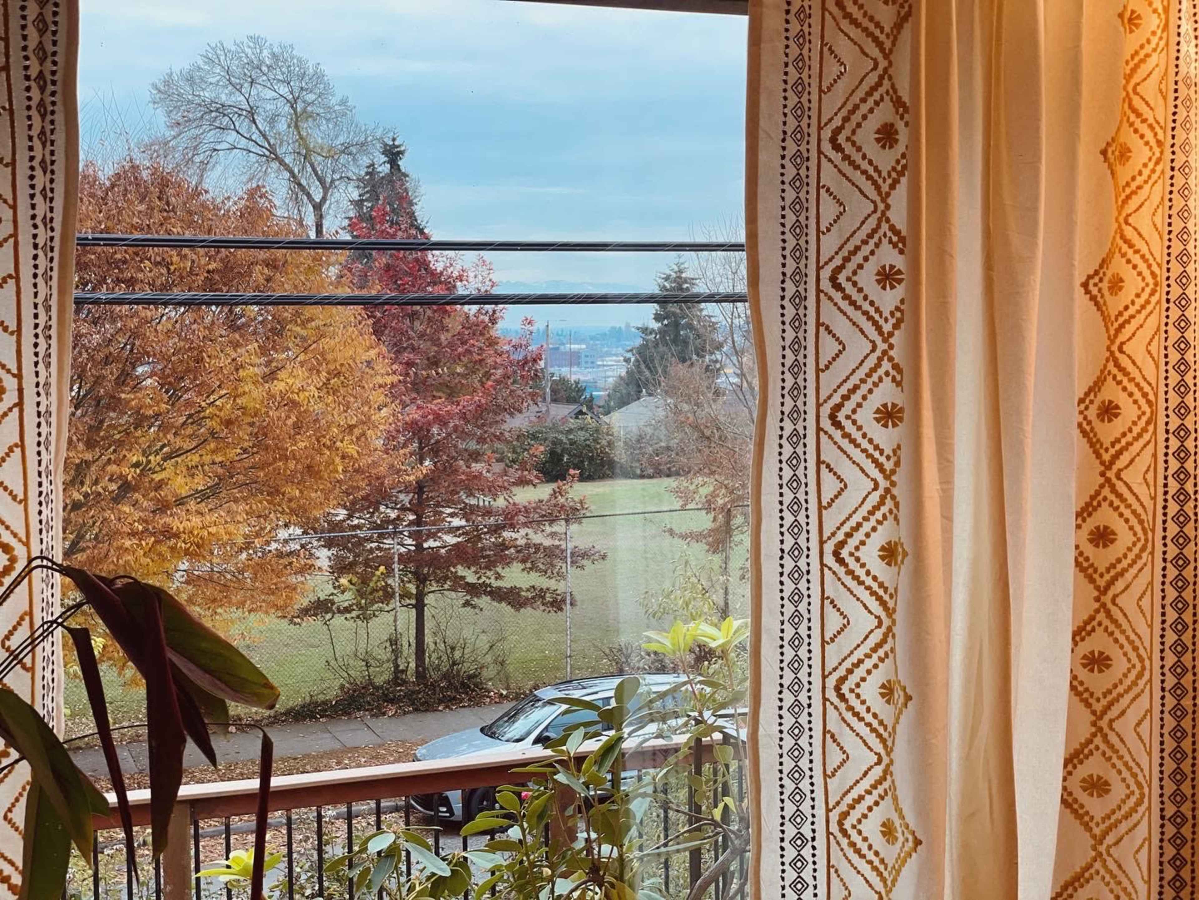 A view through a window shows autumn trees and a vehicle parked on a driveway, framed by a patterned curtain.